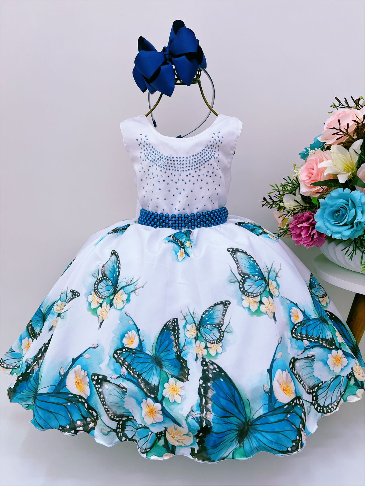 Vestido Infantil Branco Jardim das Borboletas Busto Strass