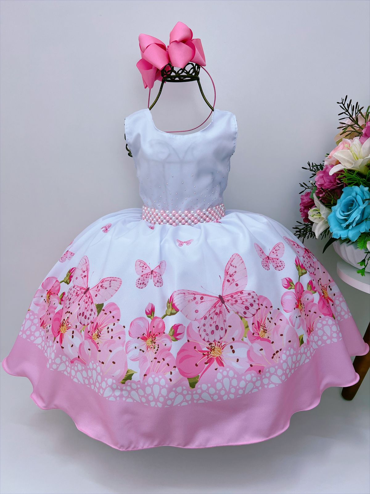 Vestido Infantil Branco Jardim das Borboletas Rosa Luxo
