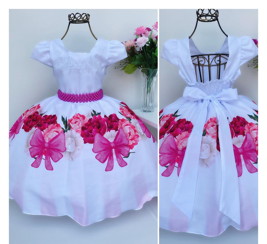 Vestido Infantil Branco Laços e Cinto Pink Flores