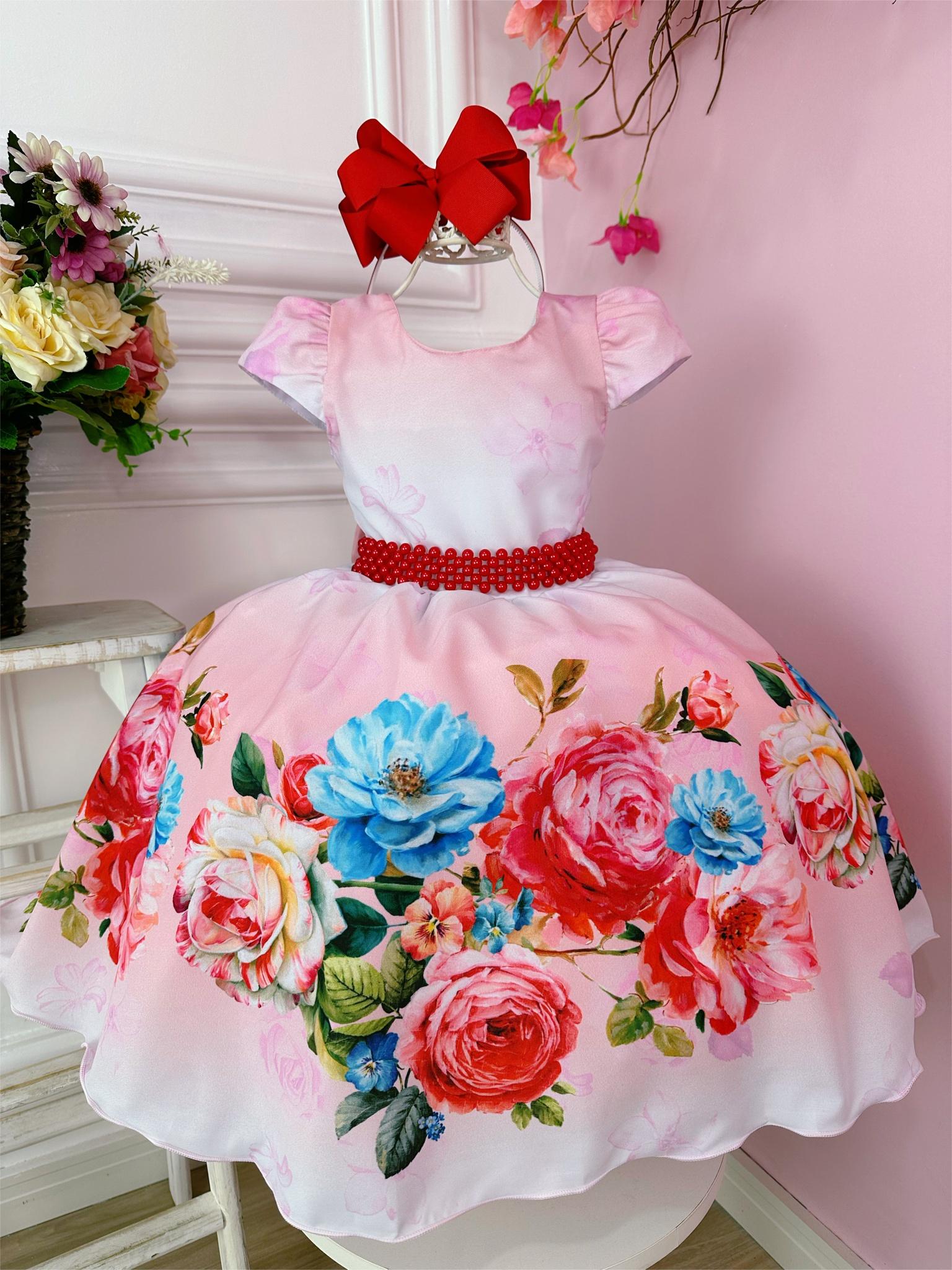 Vestido Infantil Floral Vermelho Luxo Com Cinto de Pérolas