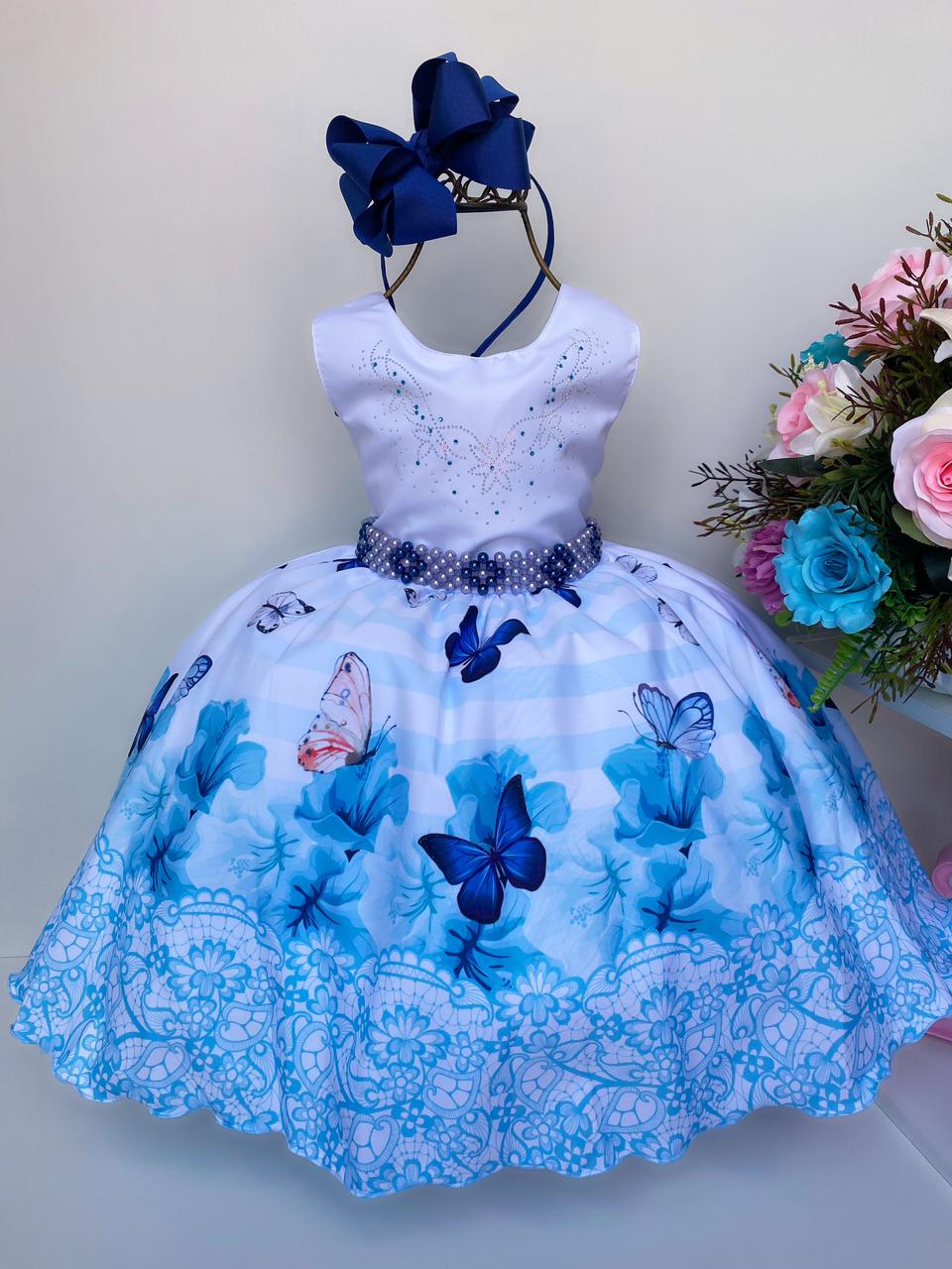 Vestido Infantil Jardim Das Borboletas Peito Strass Pérolas