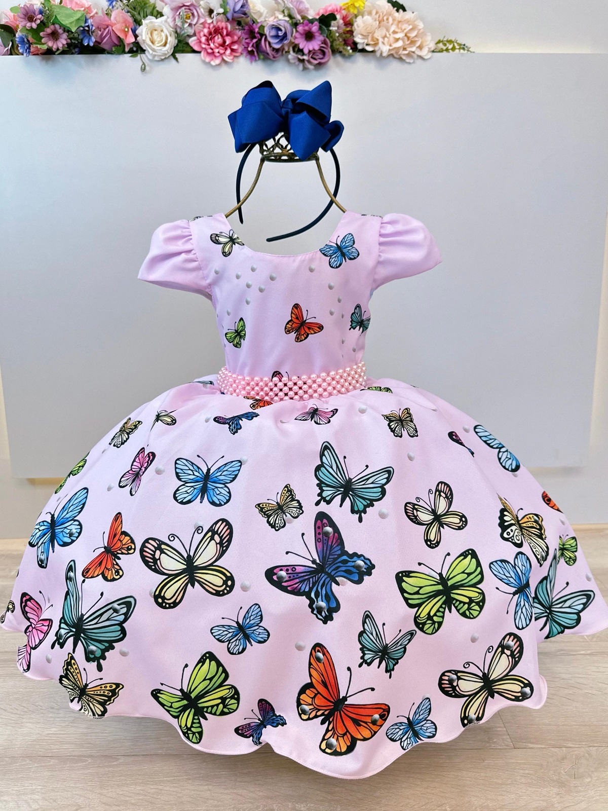 Vestido Infantil Jardim das Borboletas Rosa C/ Cinto Pérolas