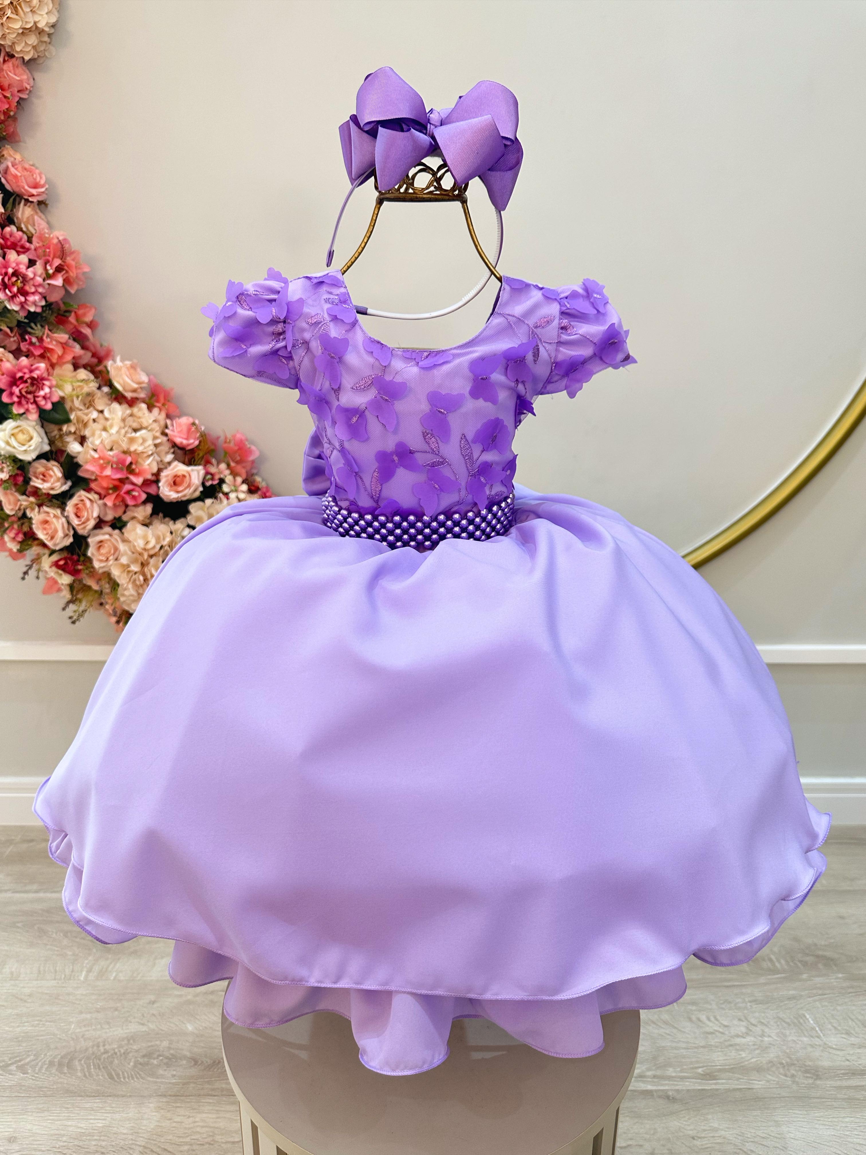 Vestido Infantil Lilás Busto C/ Apliques de Flores Renda