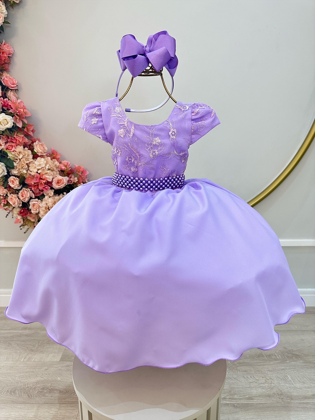 Vestido Infantil Lilás Busto C/ Renda Festas Daminhas Luxo