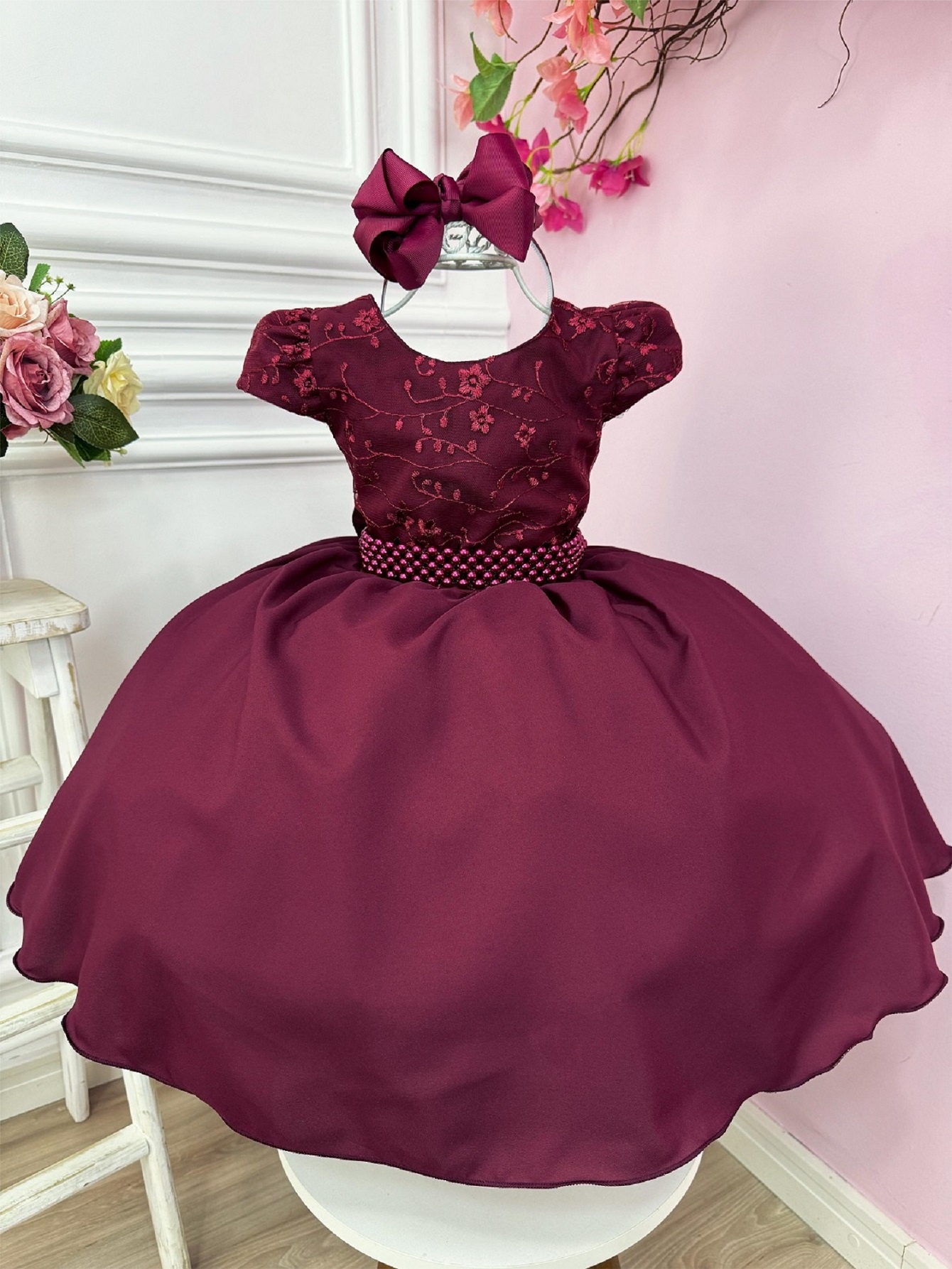 Vestido Infantil Marsala Busto C/ Renda e Cinto de Pérolas