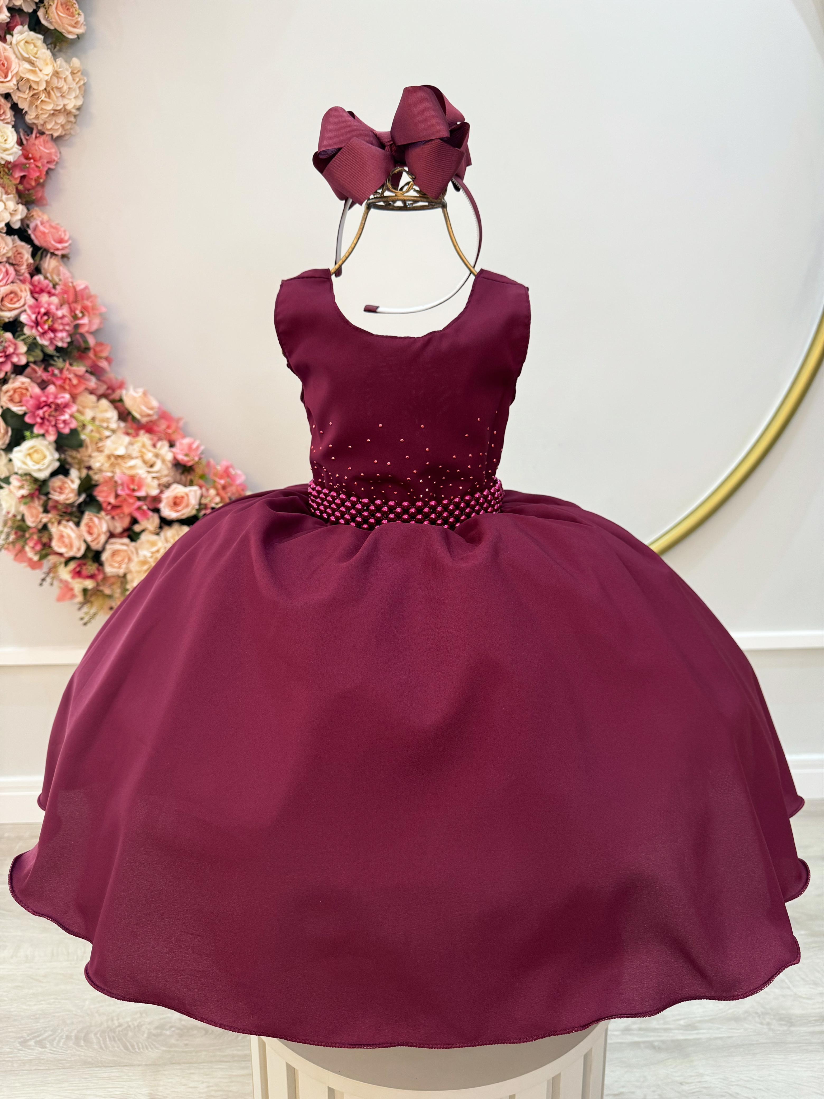 Vestido Infantil Marsala Busto C/ Strass e Cinto de Pérolas