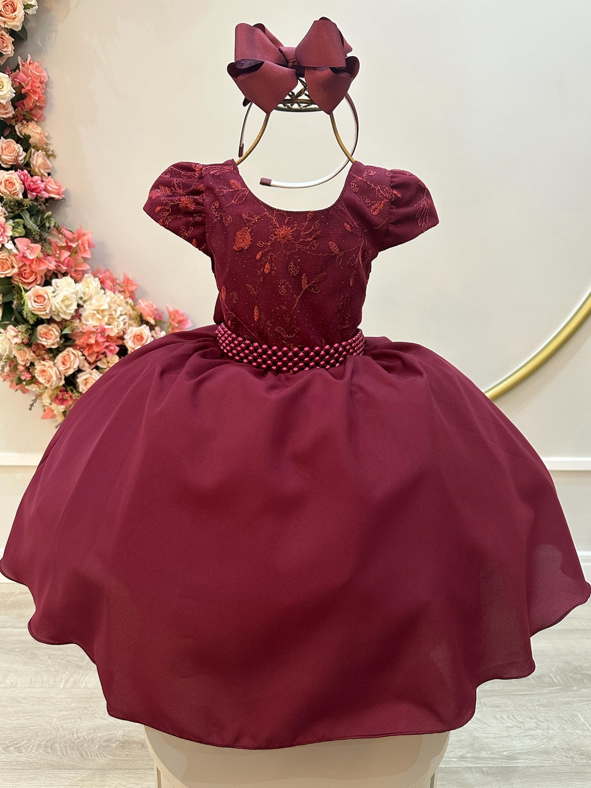Vestido Infantil Marsala Busto Com Renda Daminha Festas