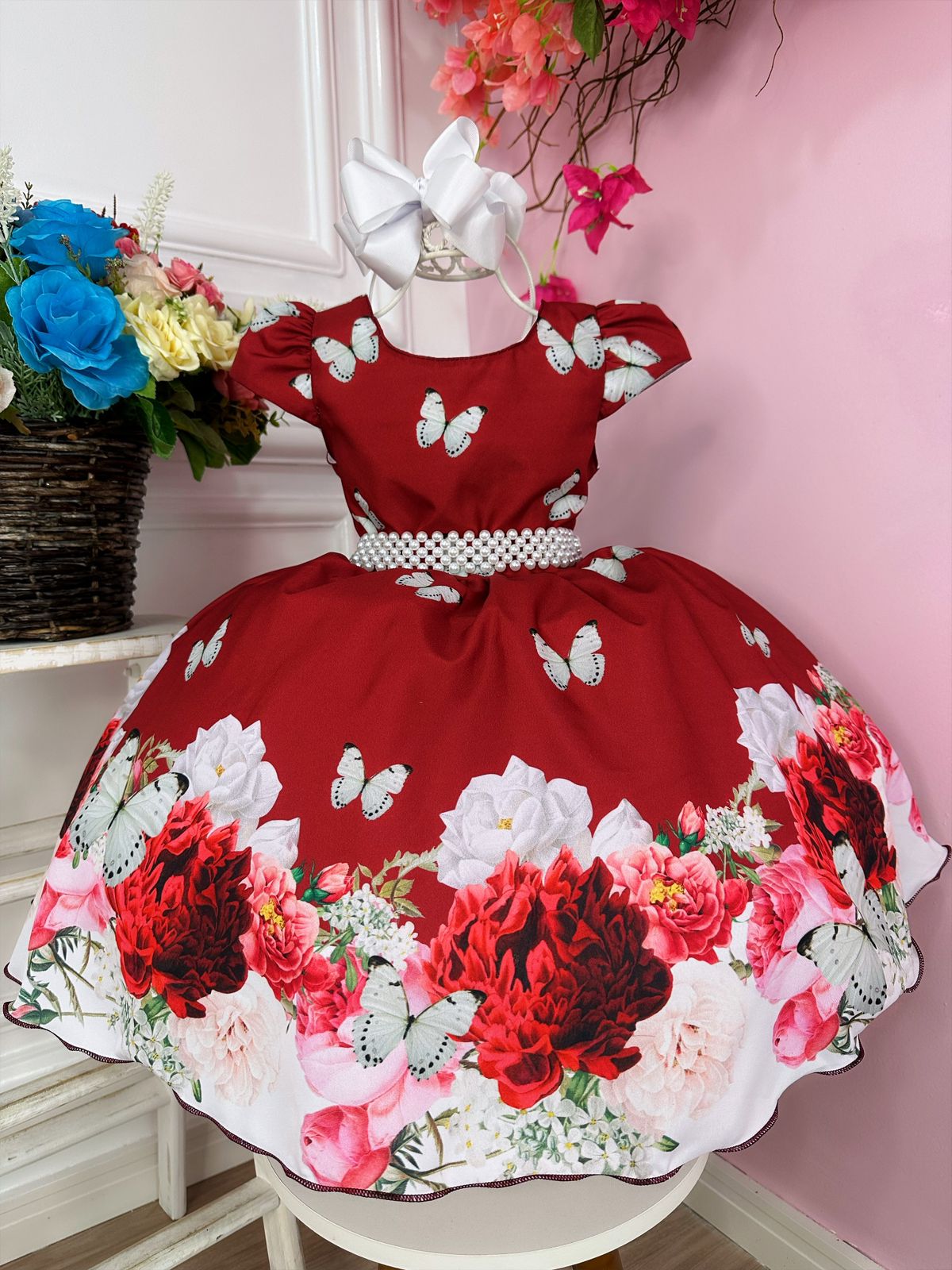 Vestido Infantil Marsala Jardim das Borboletas C/ Pérolas