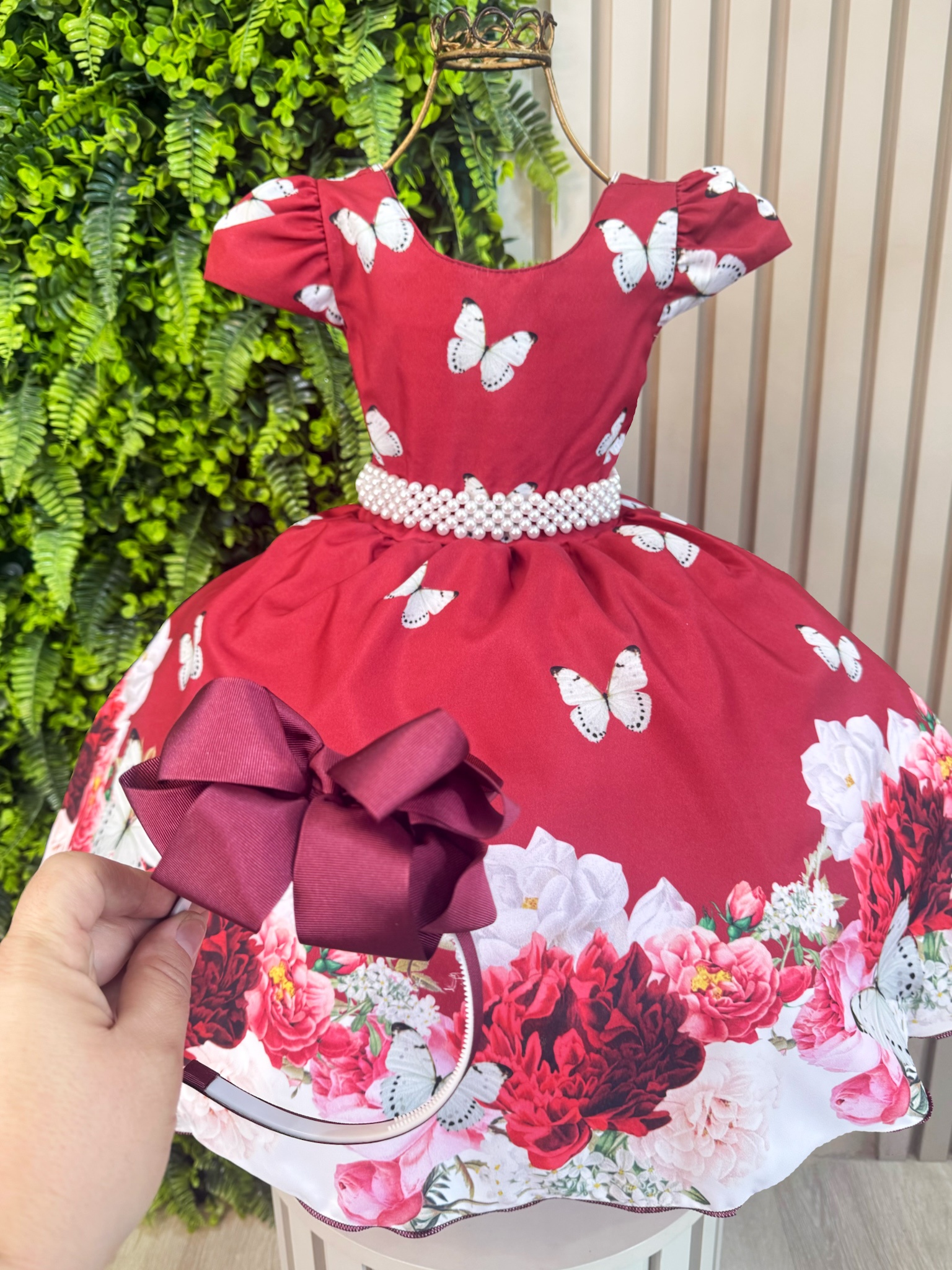 Vestido Infantil Marsala Floral + Tiara ou Laço