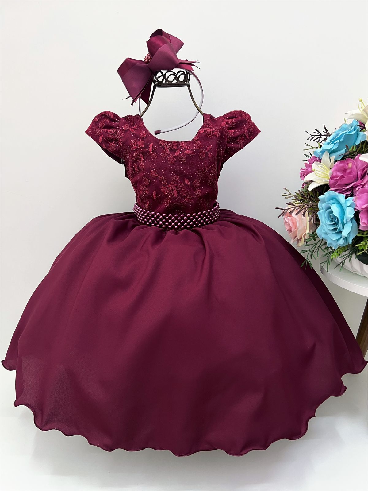 Vestido Infantil Marsala Peito Renda Strass Cinto de Pérolas