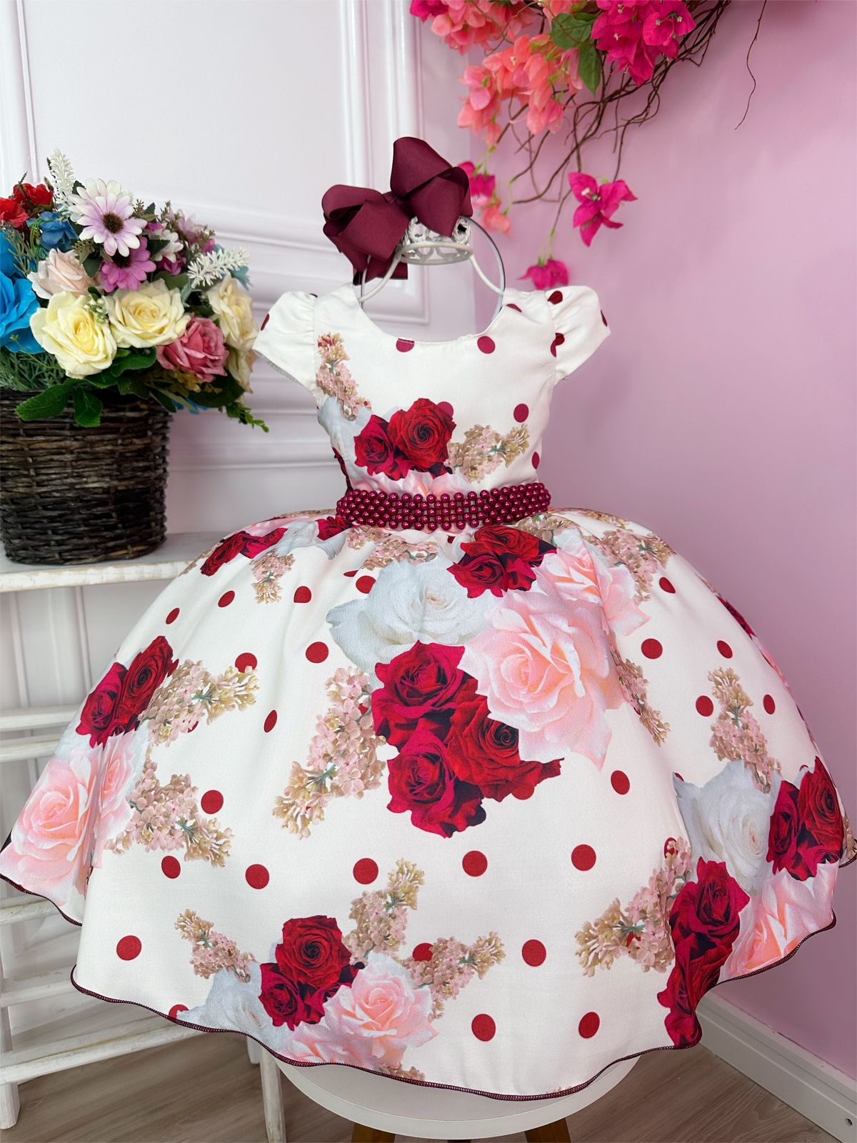 Vestido Infantil Off White Florido Luxo Com Cinto de Pérolas