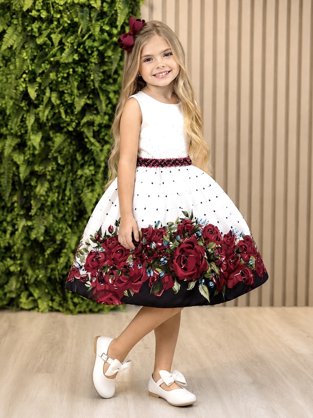 Vestido Infantil Off White Florido Marsala Busto Strass Festa