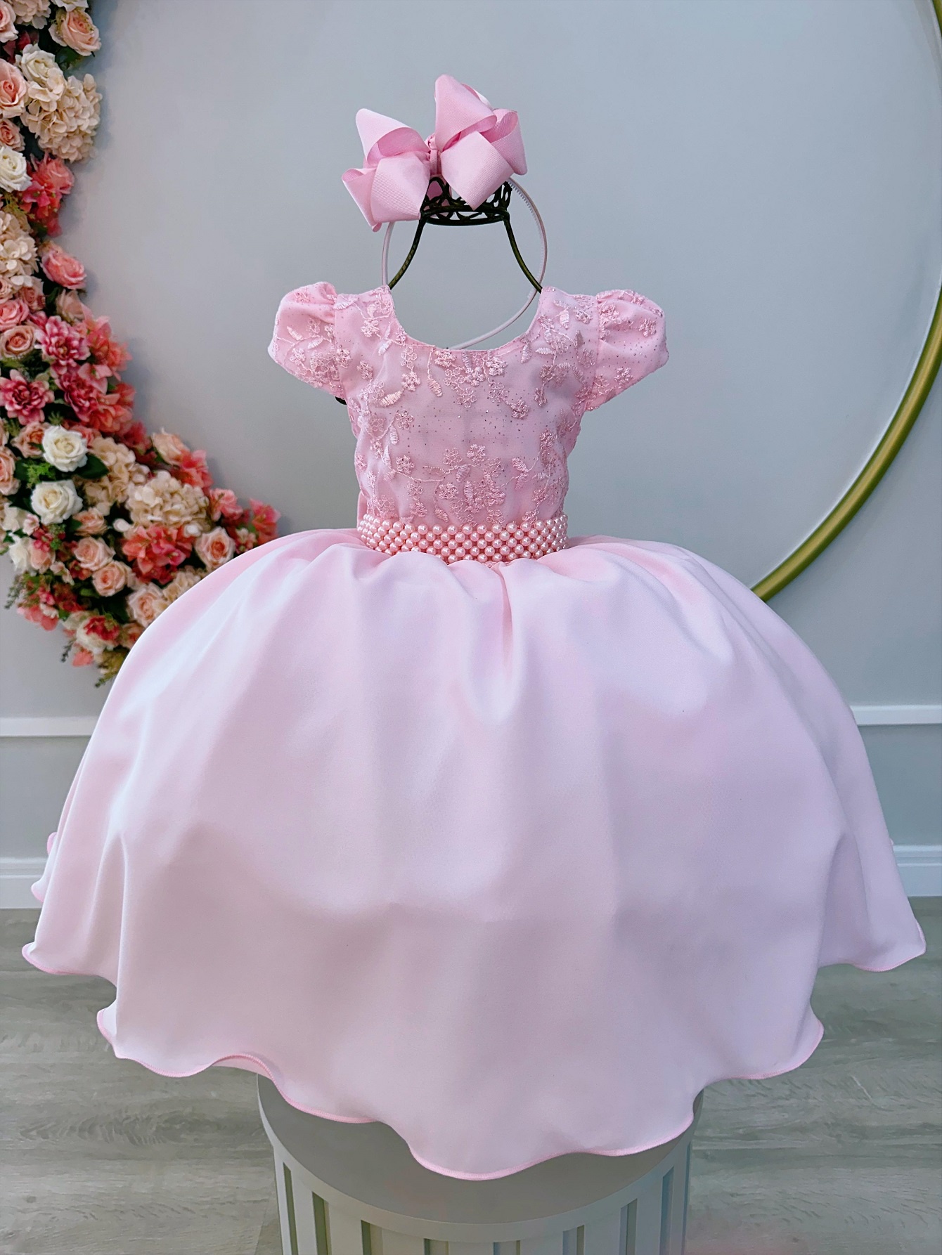 Vestido Infantil Rosa Bebê Busto Com Renda Daminha Festas
