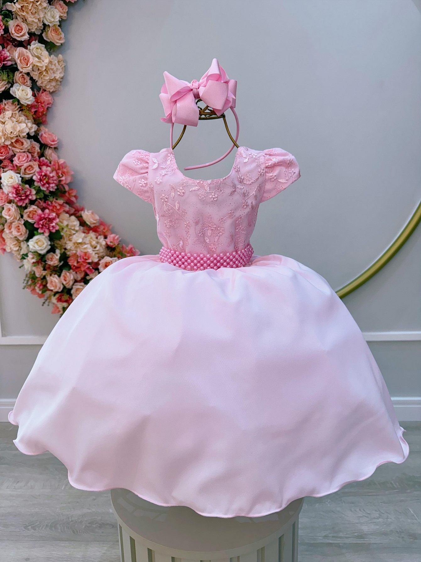 Vestido Infantil Rosa Bebê Busto Com Renda Formatura Festas