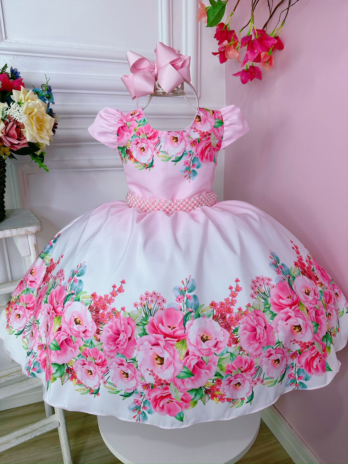 Vestido Infantil Rosa Bebê Florido Com Cinto de Pérolas Luxo