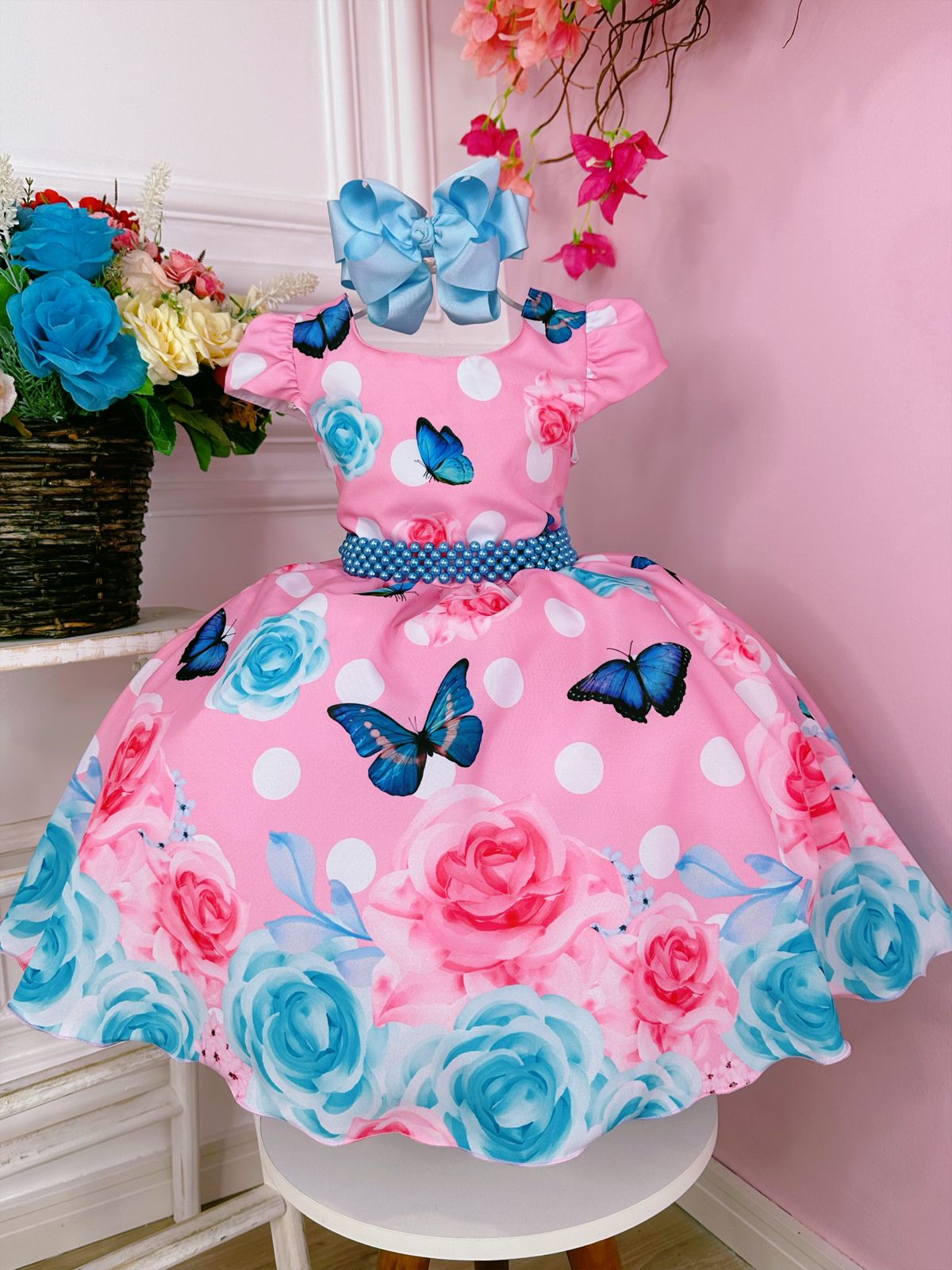 Vestido Infantil Rosa Chiclete Jardim das Borboletas Pérolas