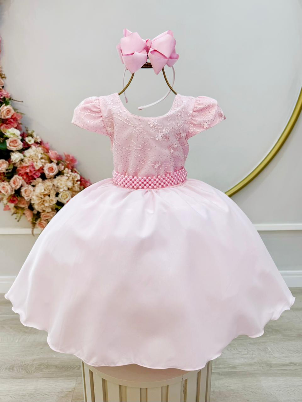 Vestido Infantil Rosa Claro Busto Renda Formatura Festas