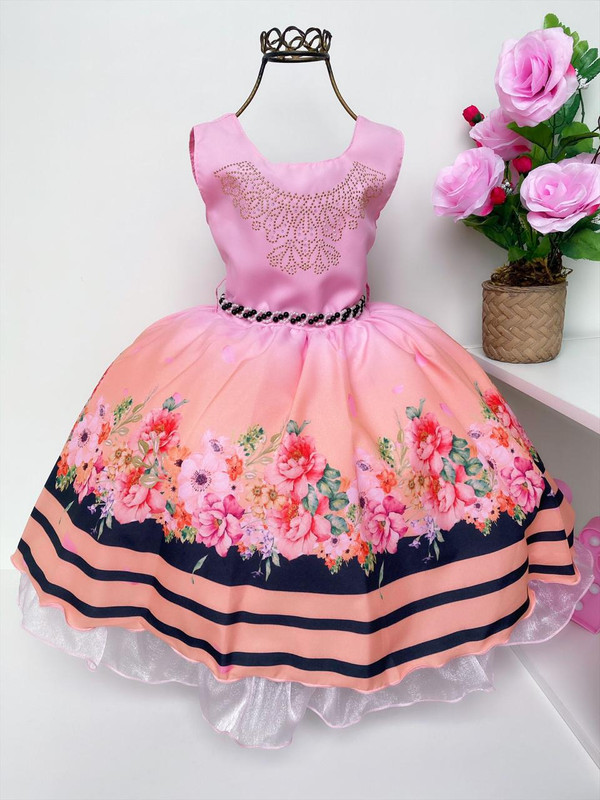 Vestido Infantil Rosa e Laranja Floral Strass Listras Pretas