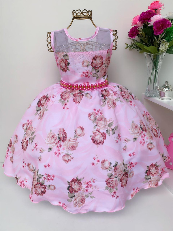 Vestido Infantil Rosa Floral Cinto em Pérolas Luxo Princesas