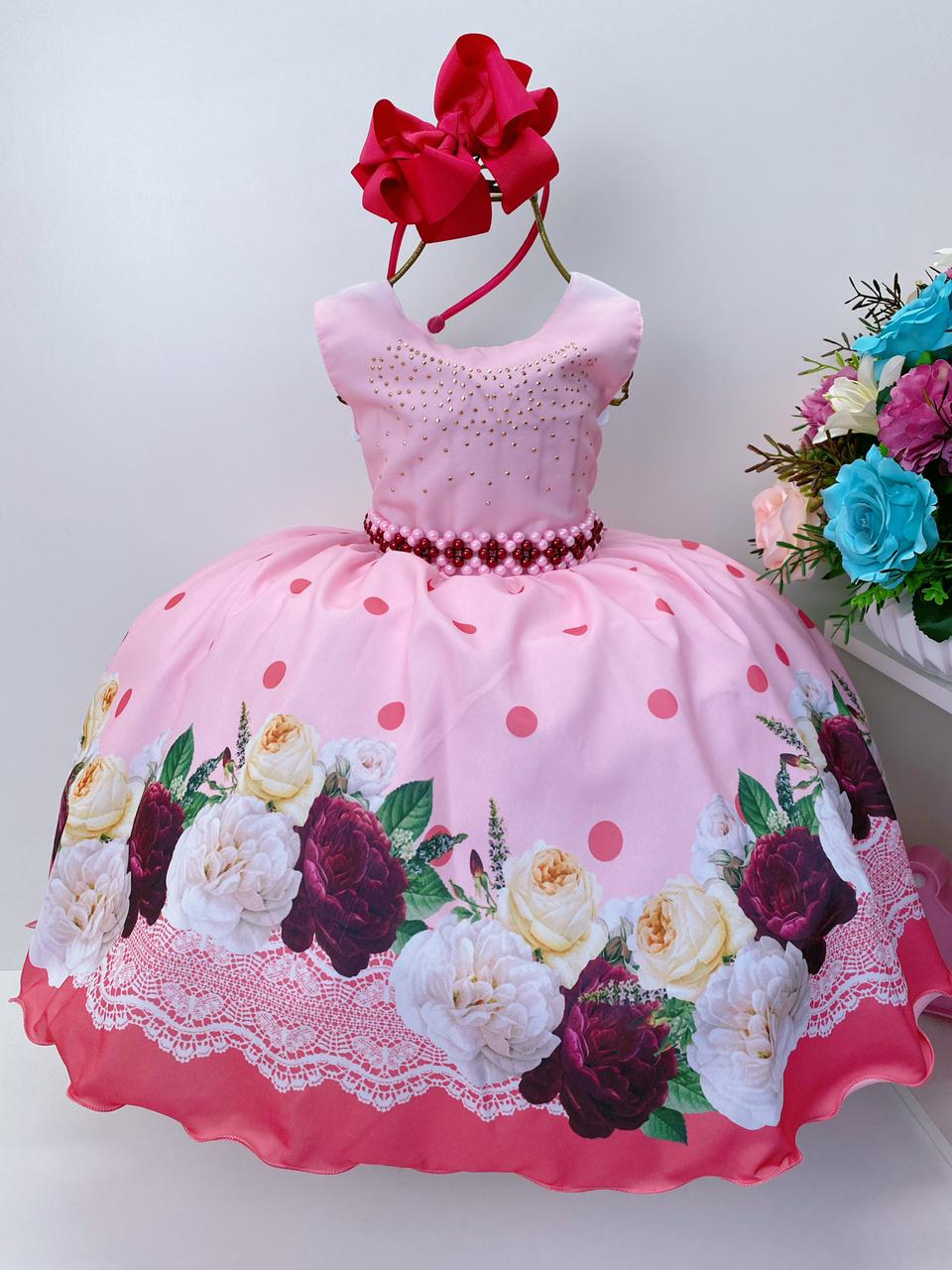 Vestido Infantil Rosa Floral Cinto Pérolas e Strass no Peito