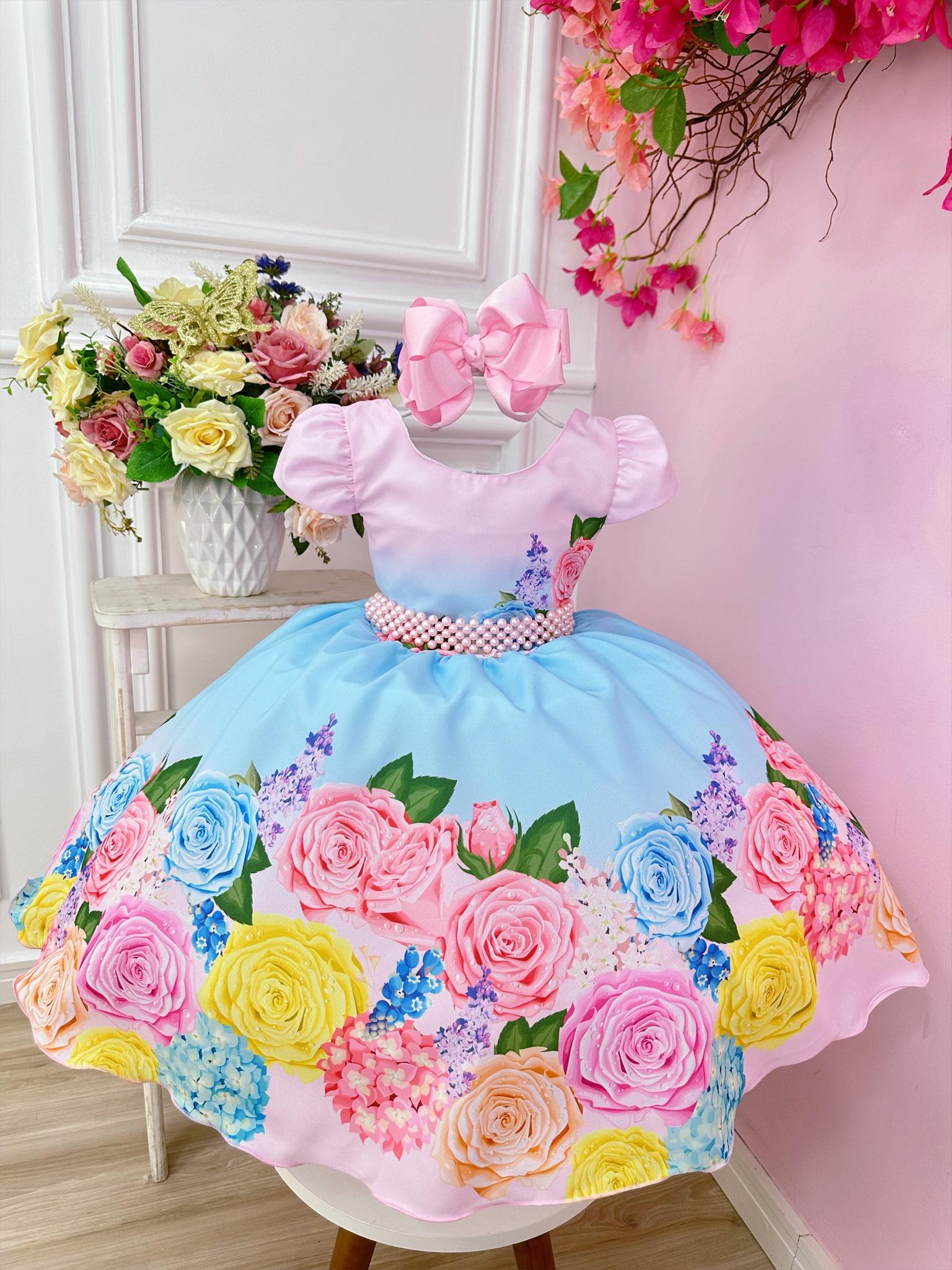 Vestido Infantil Rosa Flores Primavera e Cinto Pérolas Festas