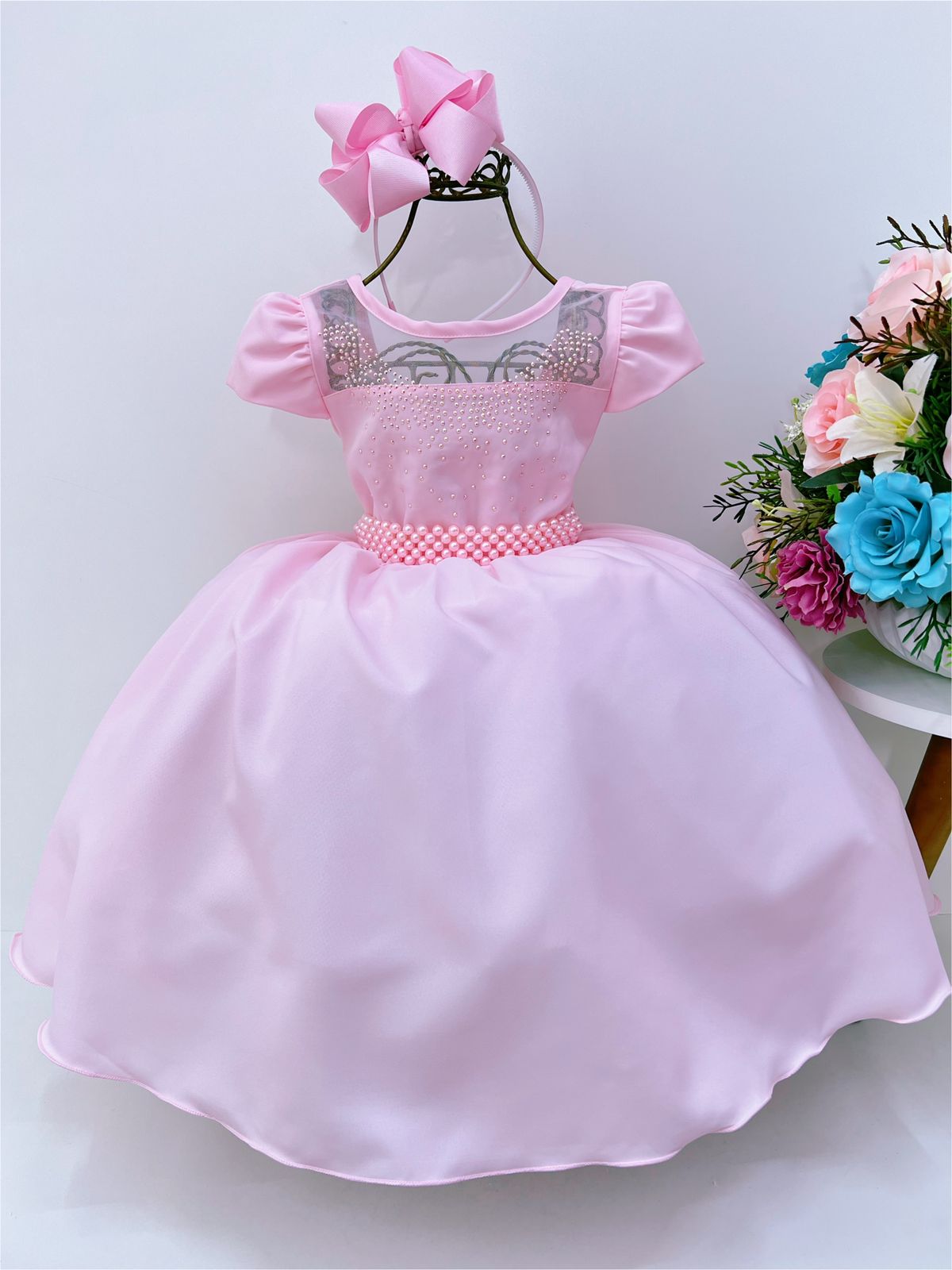 Vestido Infantil Rosa Busto C/ Strass Casamento Pérolas Luxo