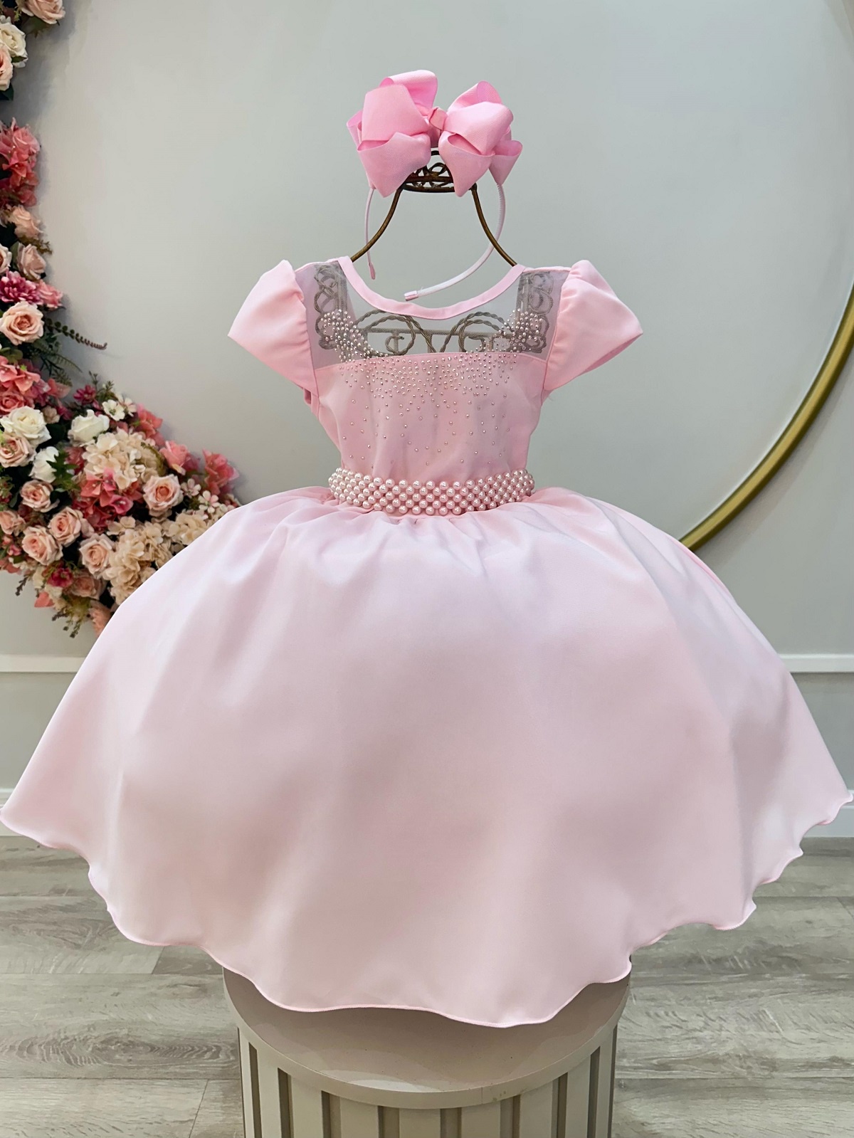 Vestido Infantil Rosa Busto C/ Strass Casamento Pérolas Luxo