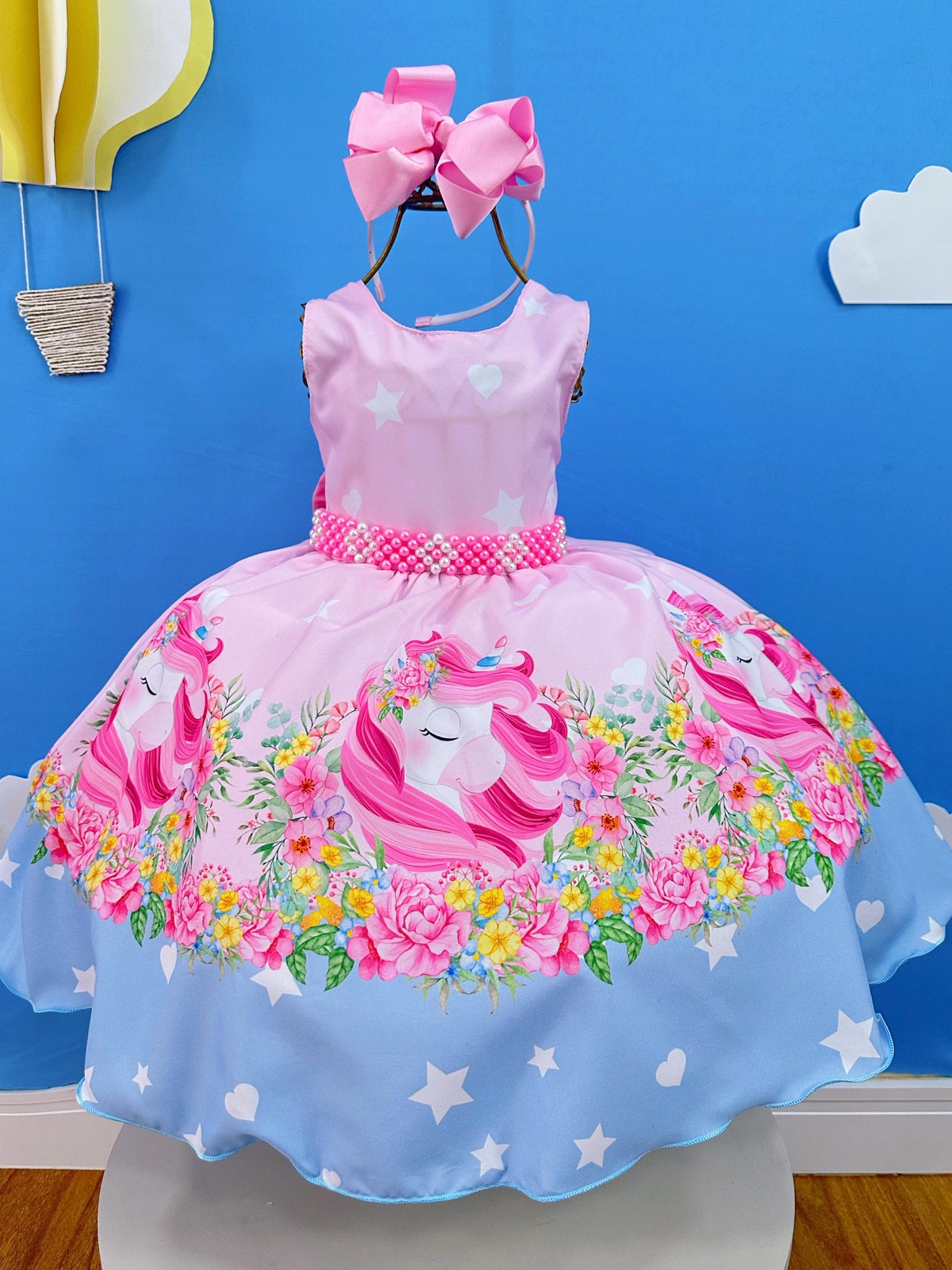 Vestido Infantil Rosa Unicórnio Festas de Aniversário Luxo