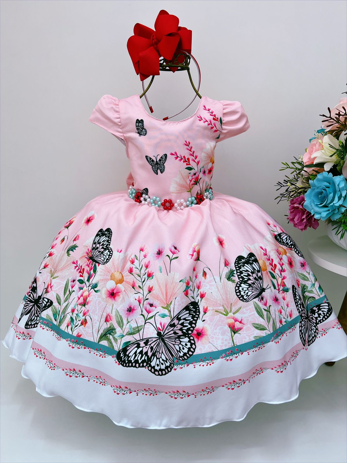 Vestido Infantil Rosa Borboletas Florido Cinto de Pérolas
