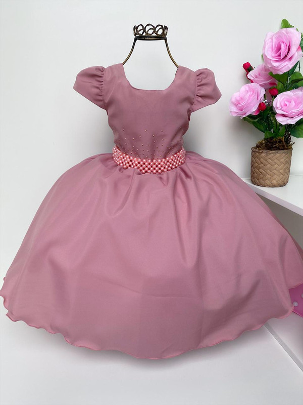 Vestido Infantil Rosê Liso com Mangas e Strass Cinto Perolas