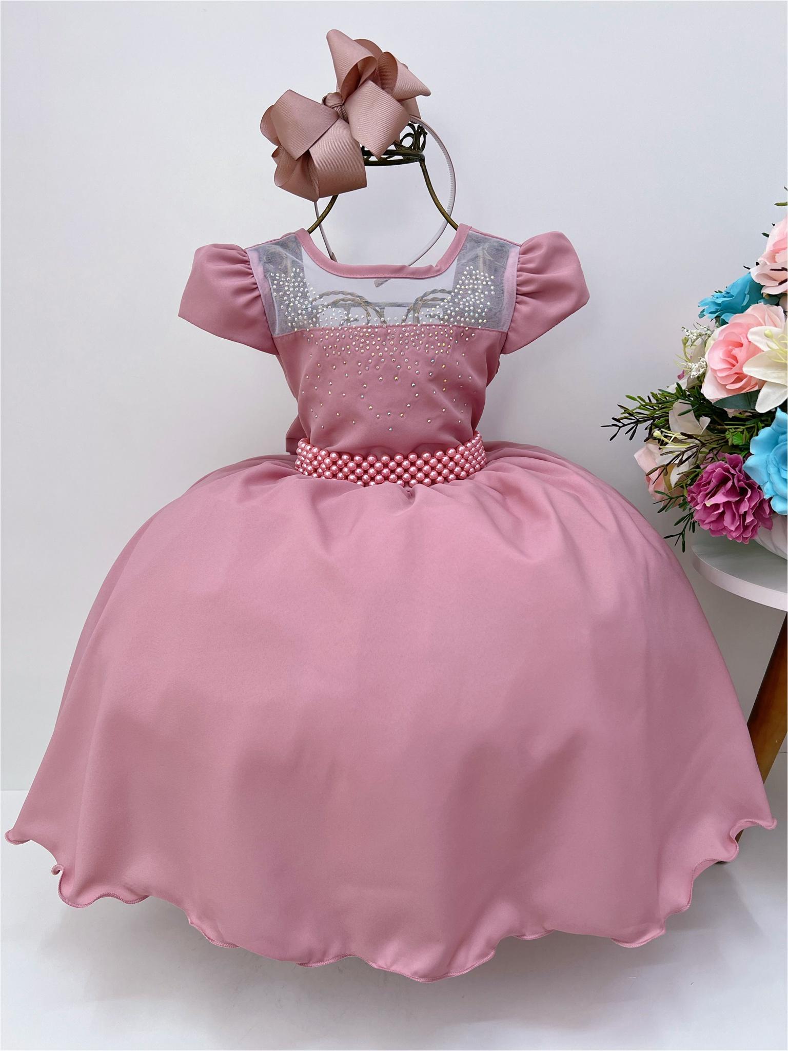 Vestido Infantil Rose Peito Strass Cinto de Pérolas Luxo