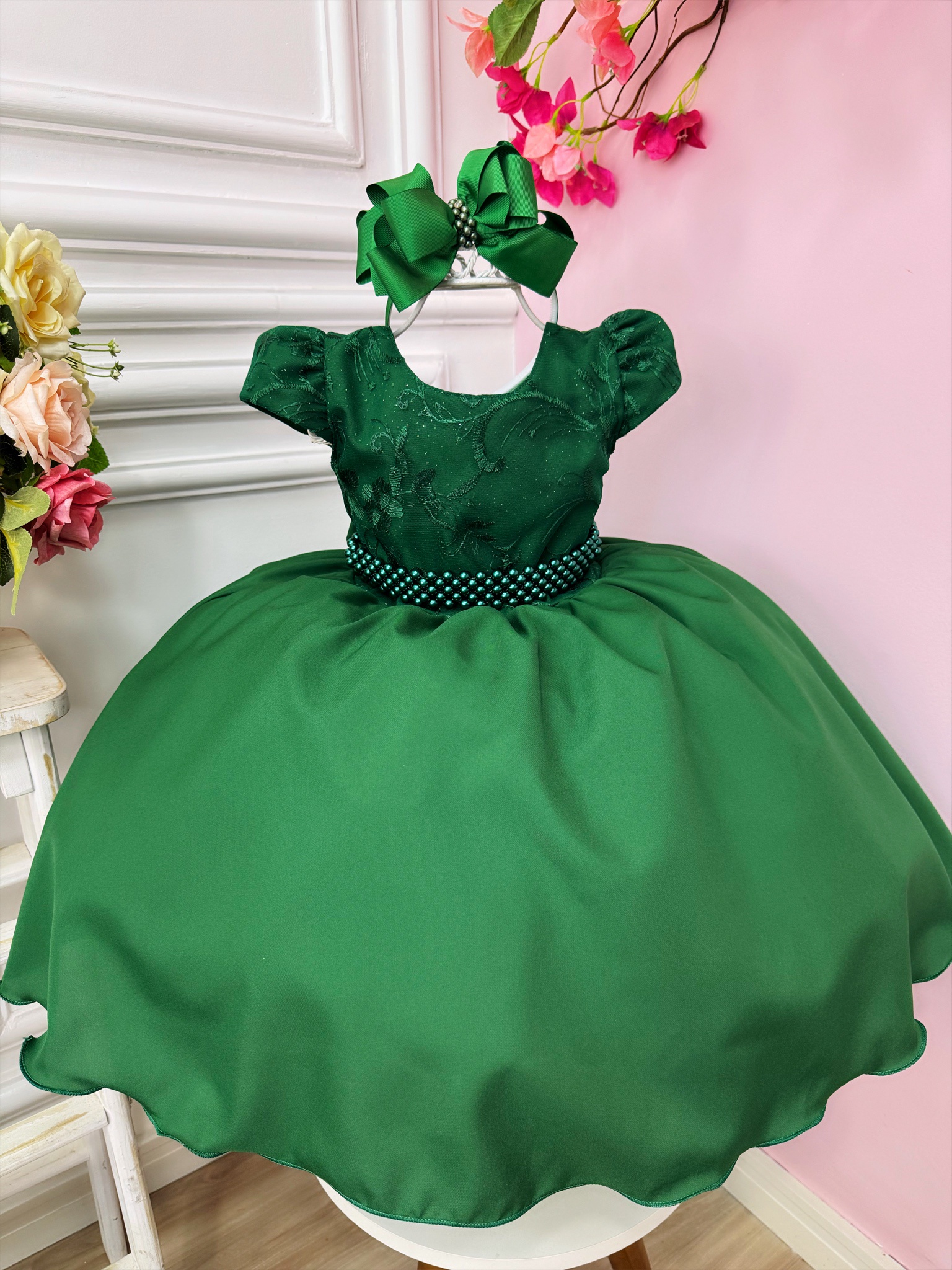 Vestido Infantil Verde Militar Busto C/ Renda e Cinto Pérolas