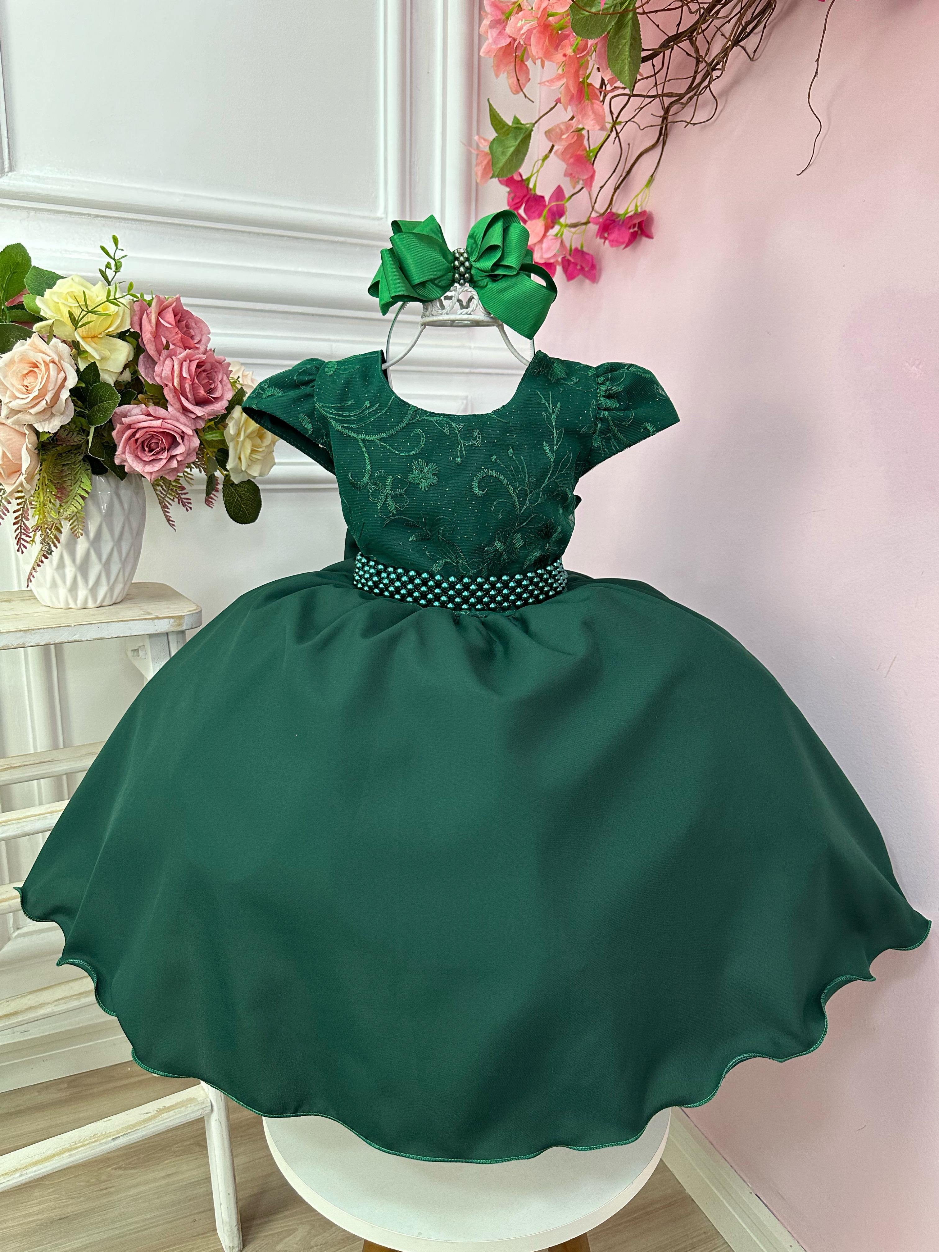 Vestido Infantil Verde Escuro Busto C/ Renda e Cinto Pérolas