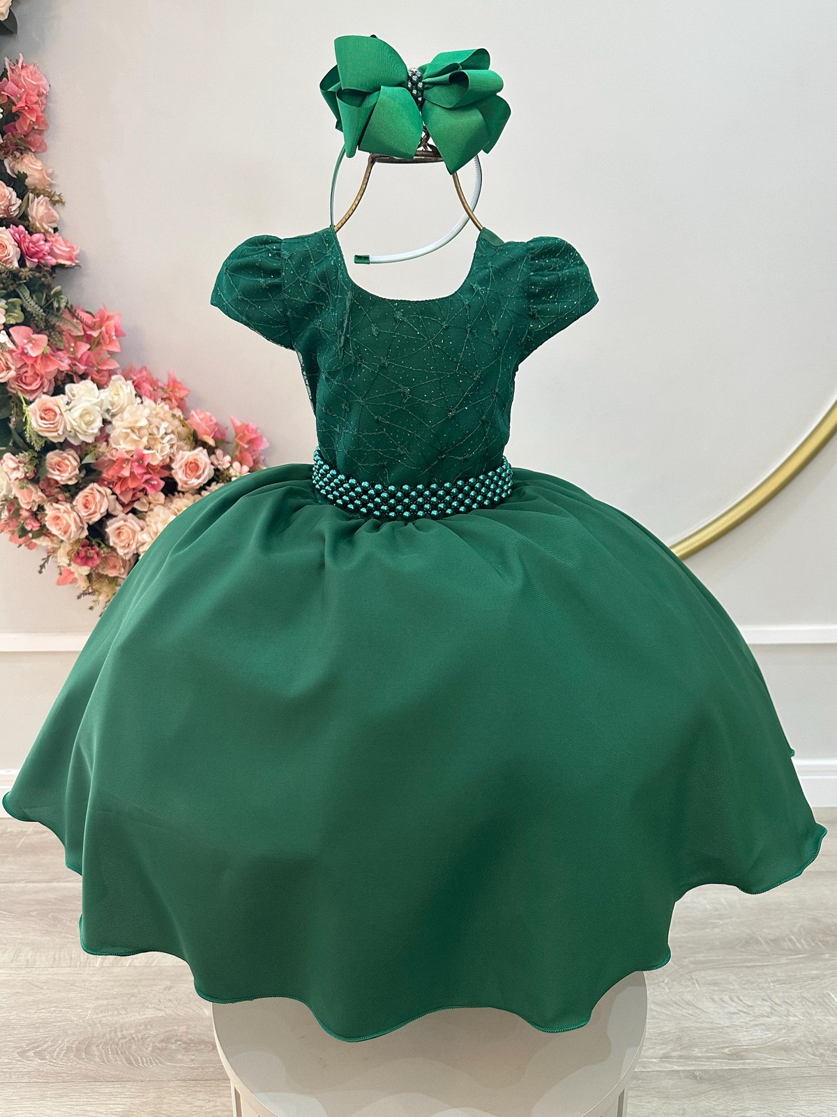 Vestido Infantil Verde Militar Busto Com Renda Damas Festas