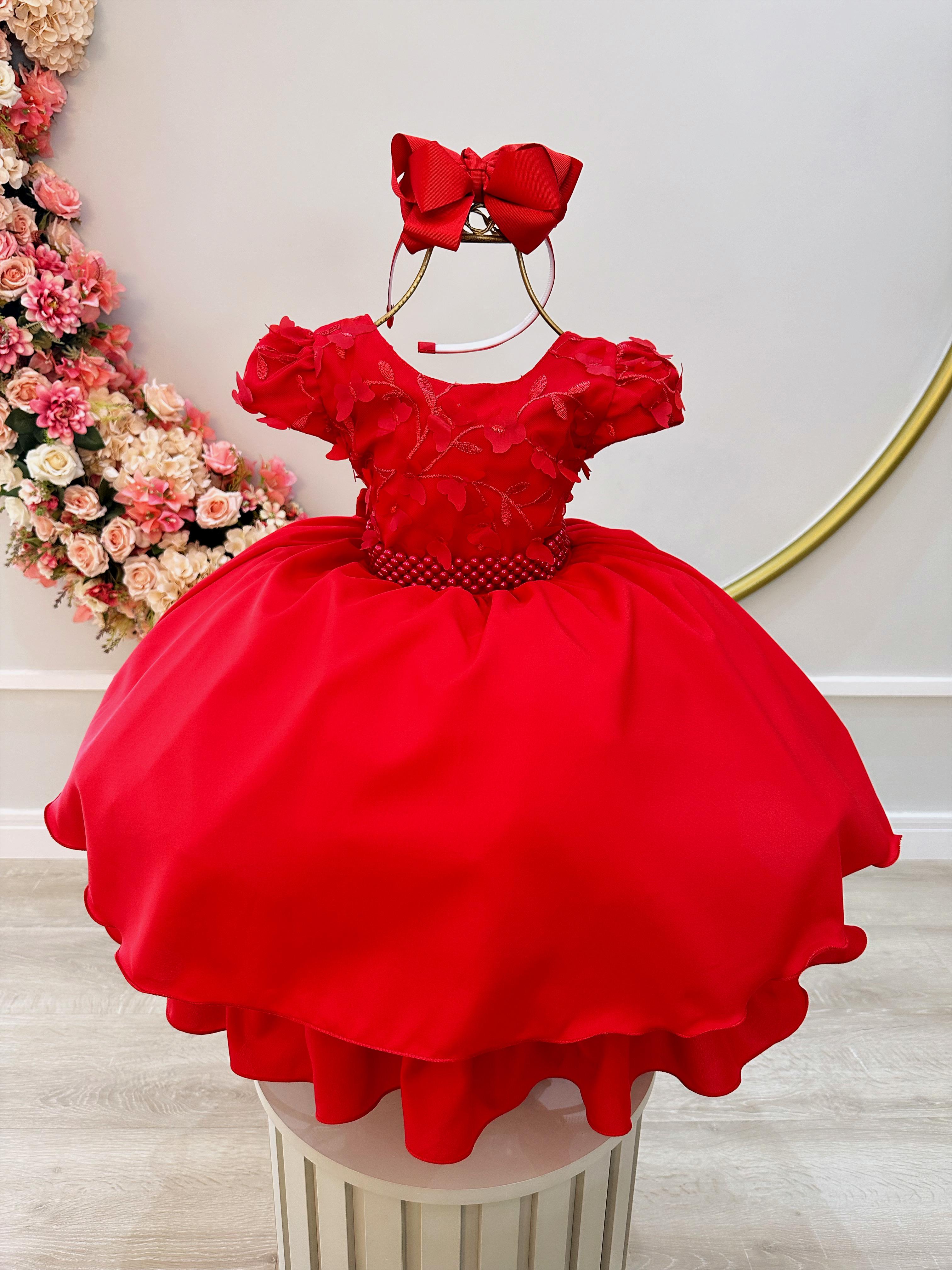 Vestido Infantil Vermelho Busto C/ Apliques de Flores Renda