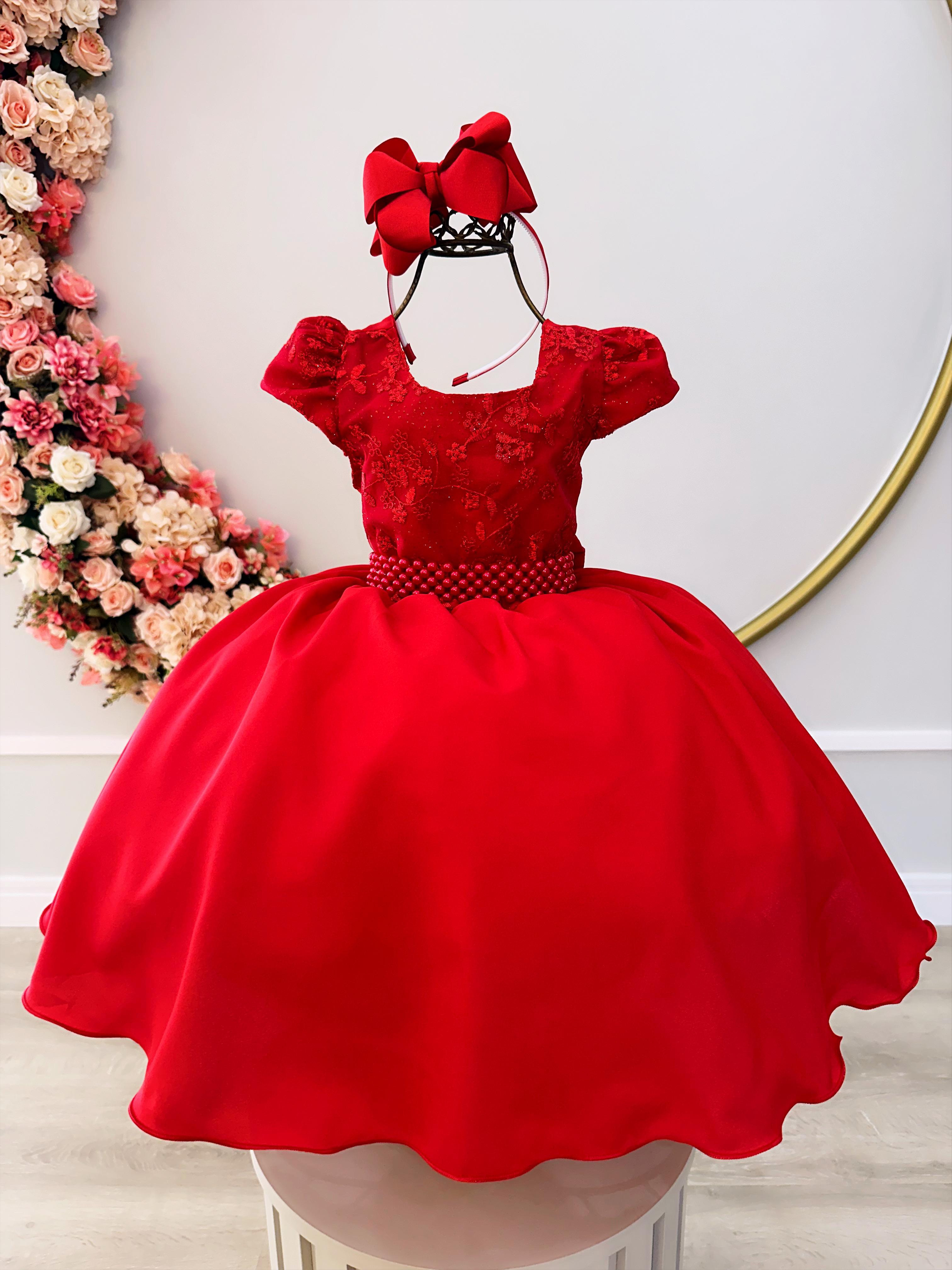 Vestido Infantil Vermelho Busto Com Renda e Cinto de Pérolas
