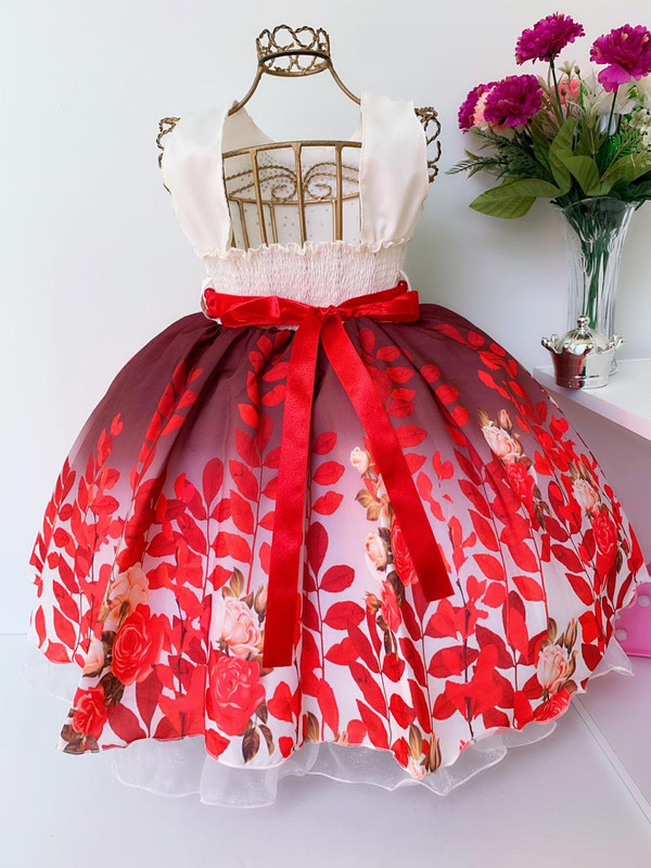 Vestido Infantil Luxo Floral Vermelho Festa Florista - Rosa Charmosa Atacado