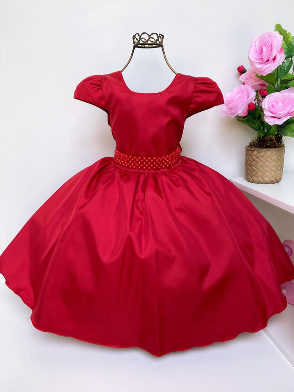 Vestido Infantil Vermelho Luxo Cinto Pérolas C/Mangas