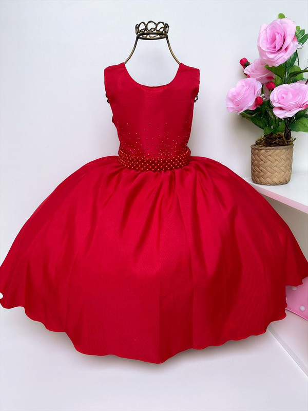 Vestido Infantil Vermelho Strass Luxo Festa Princesas Damas