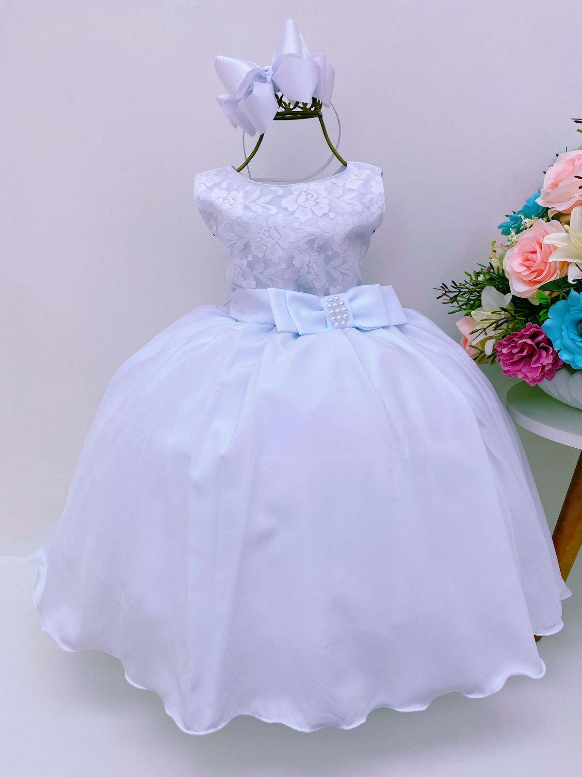 Vestido Infantil Branco Busto Rendado Pérolas Casamento