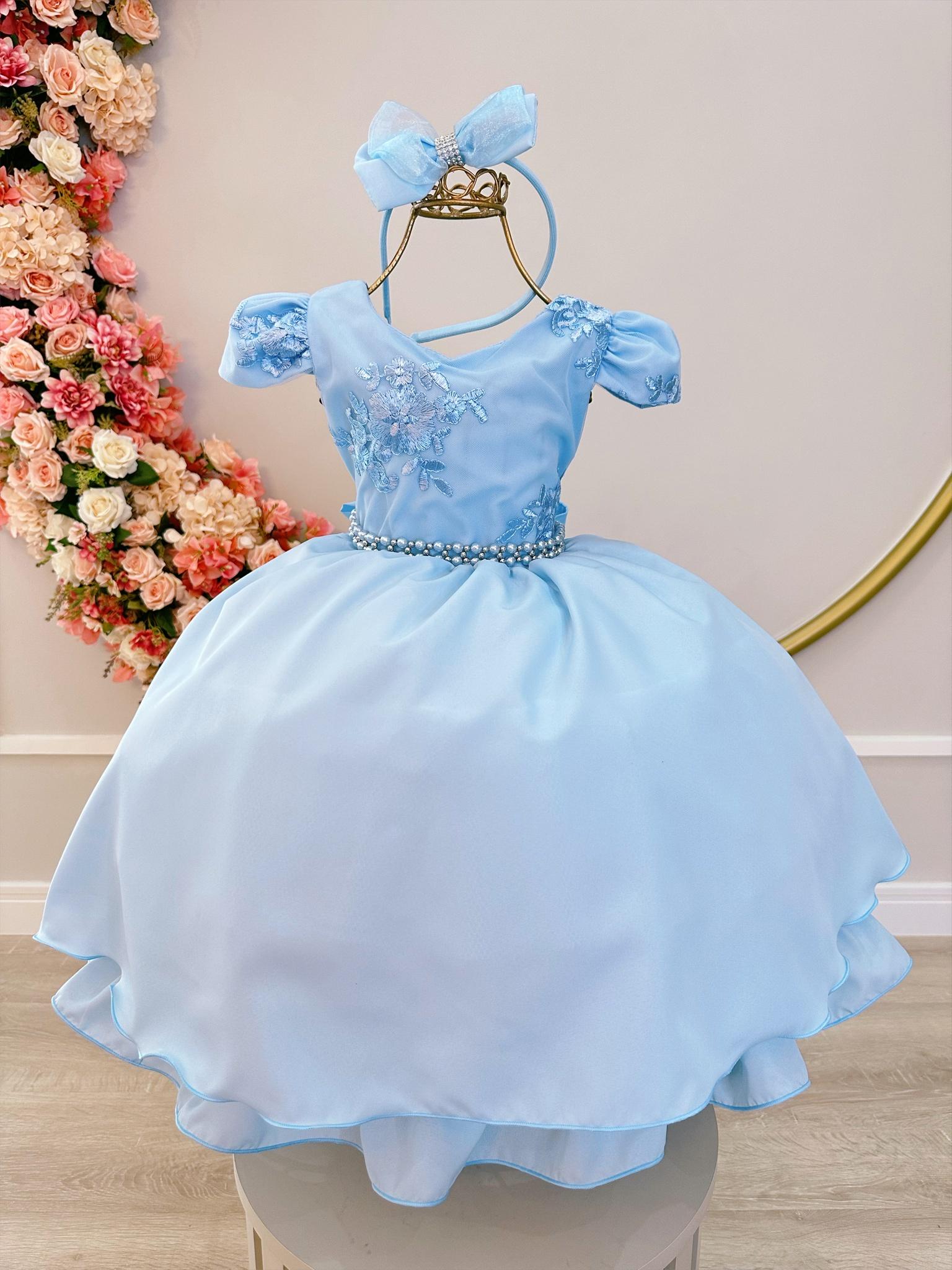 Vestido Infantil Azul Bebê Tiara C/ Renda e Cinto de Pérolas