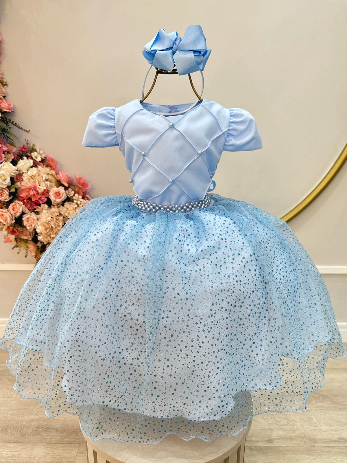 Vestido Infantil Azul Busto Nervura Saia C/ Glitter Festas