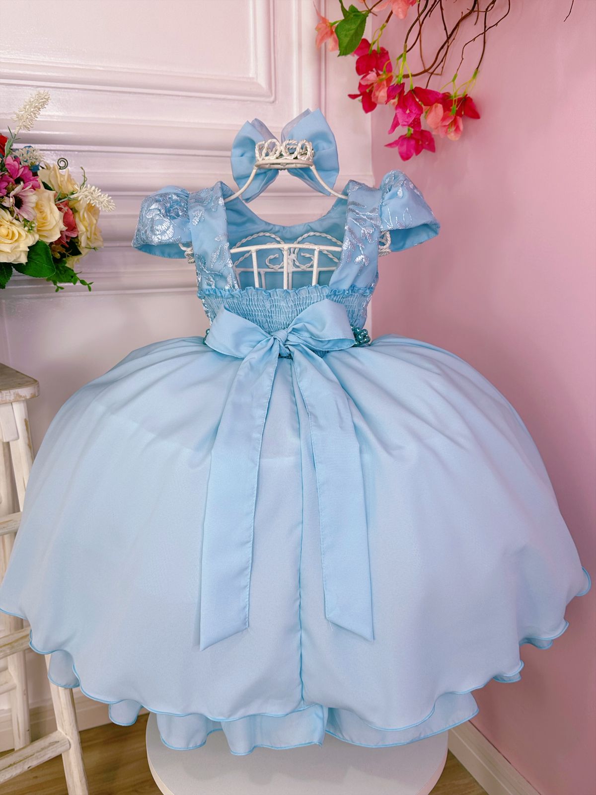 Vestido Infantil Cinderela Princesa Azul C/ Renda e Pérolas - Rosa Charmosa  Atacado