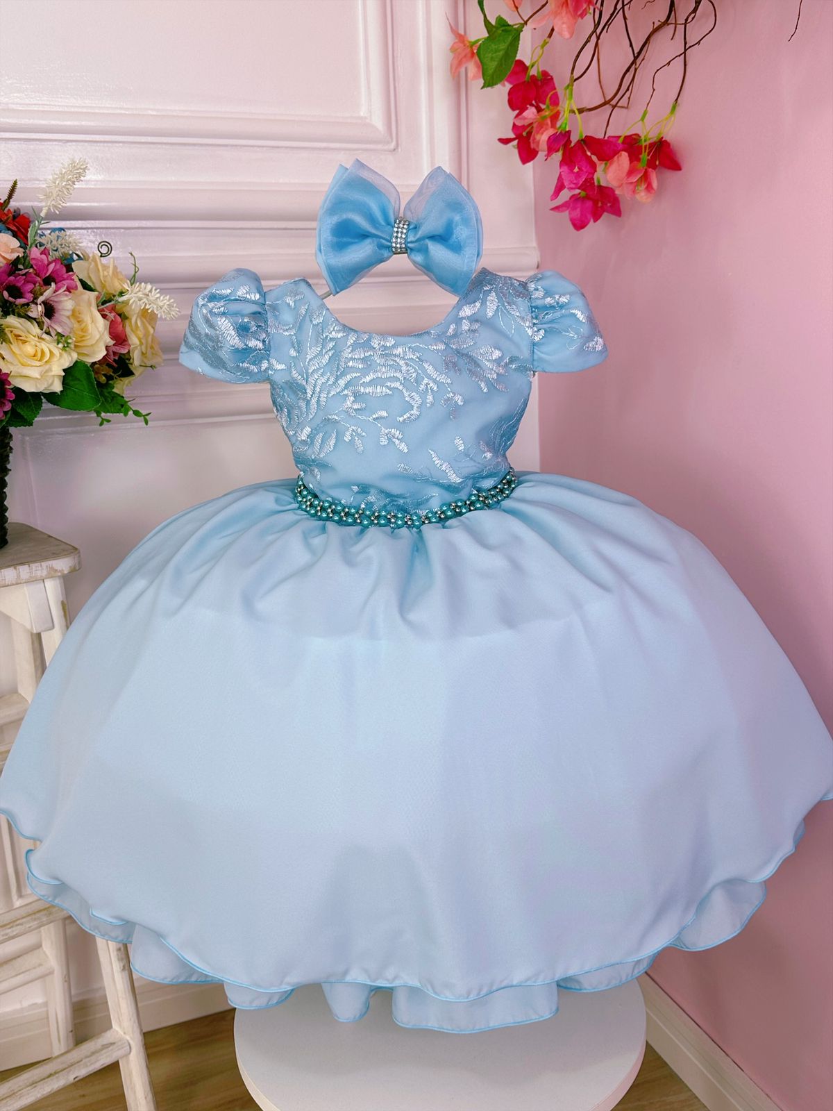 Vestido Infantil Azul C/ Renda e Cinto de Pérolas Laço