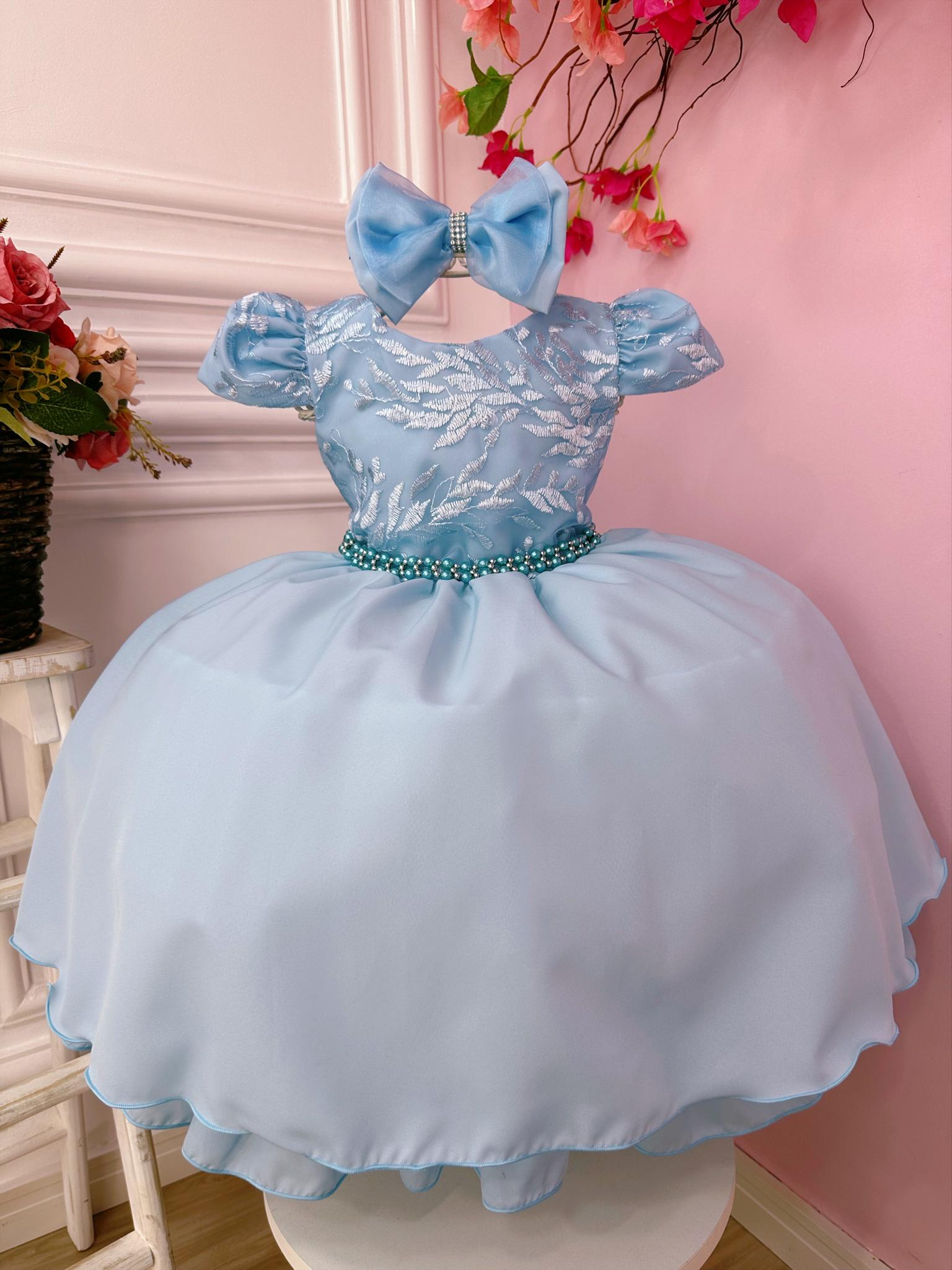 Vestido Infantil Azul Com Renda Cinto de Pérolas e Tiara