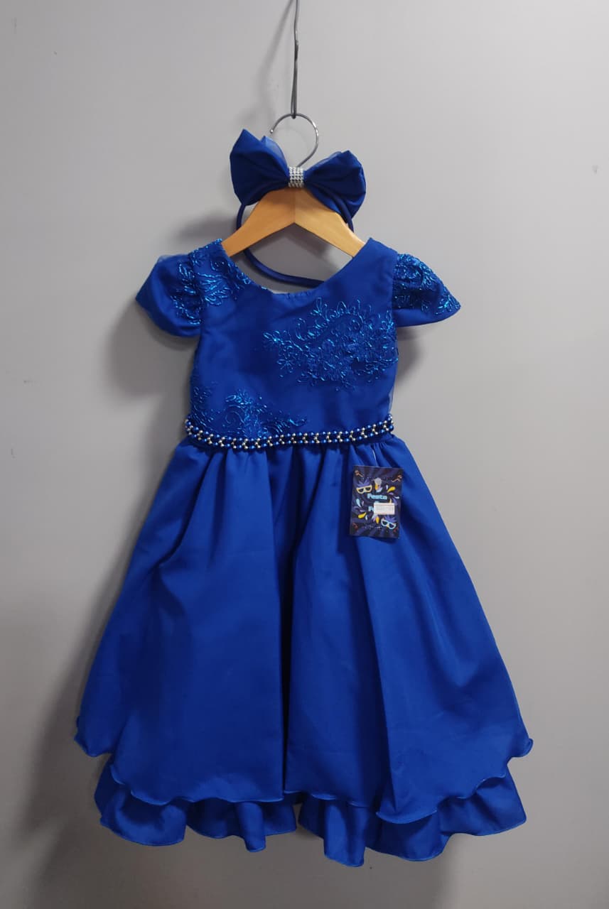 Vestido Infantil Azul Royal Renda Metalizada C/ Tiara Daminhas