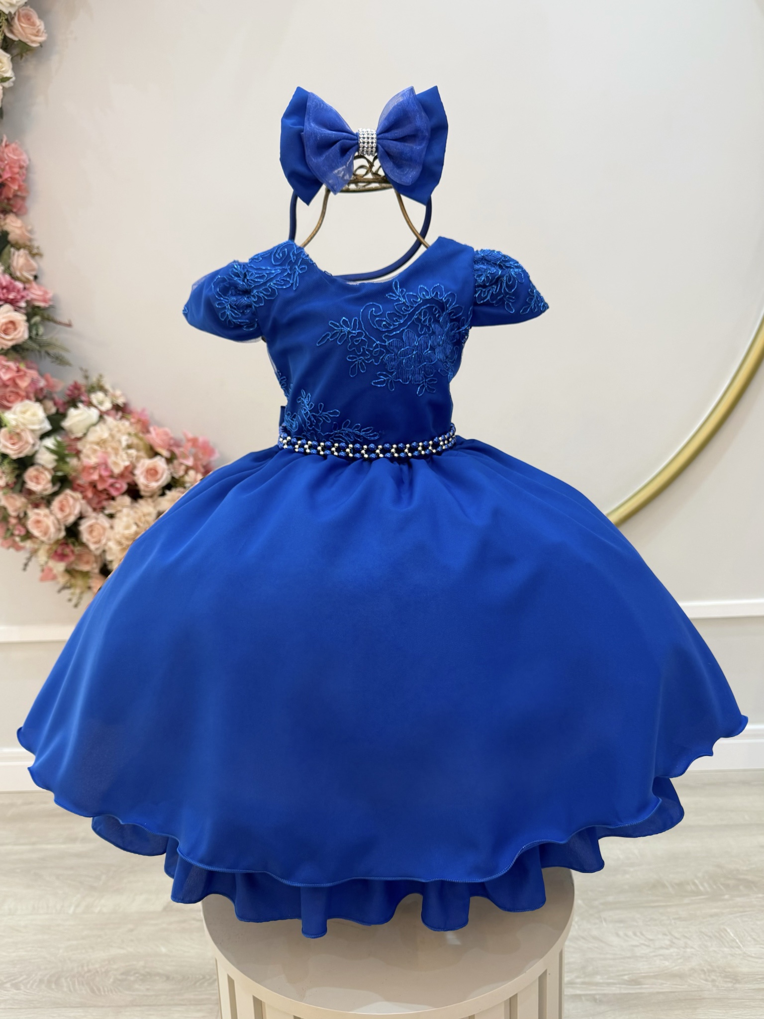 Vestido Infantil Azul Royal Renda Metalizada C/ Tiara Daminhas