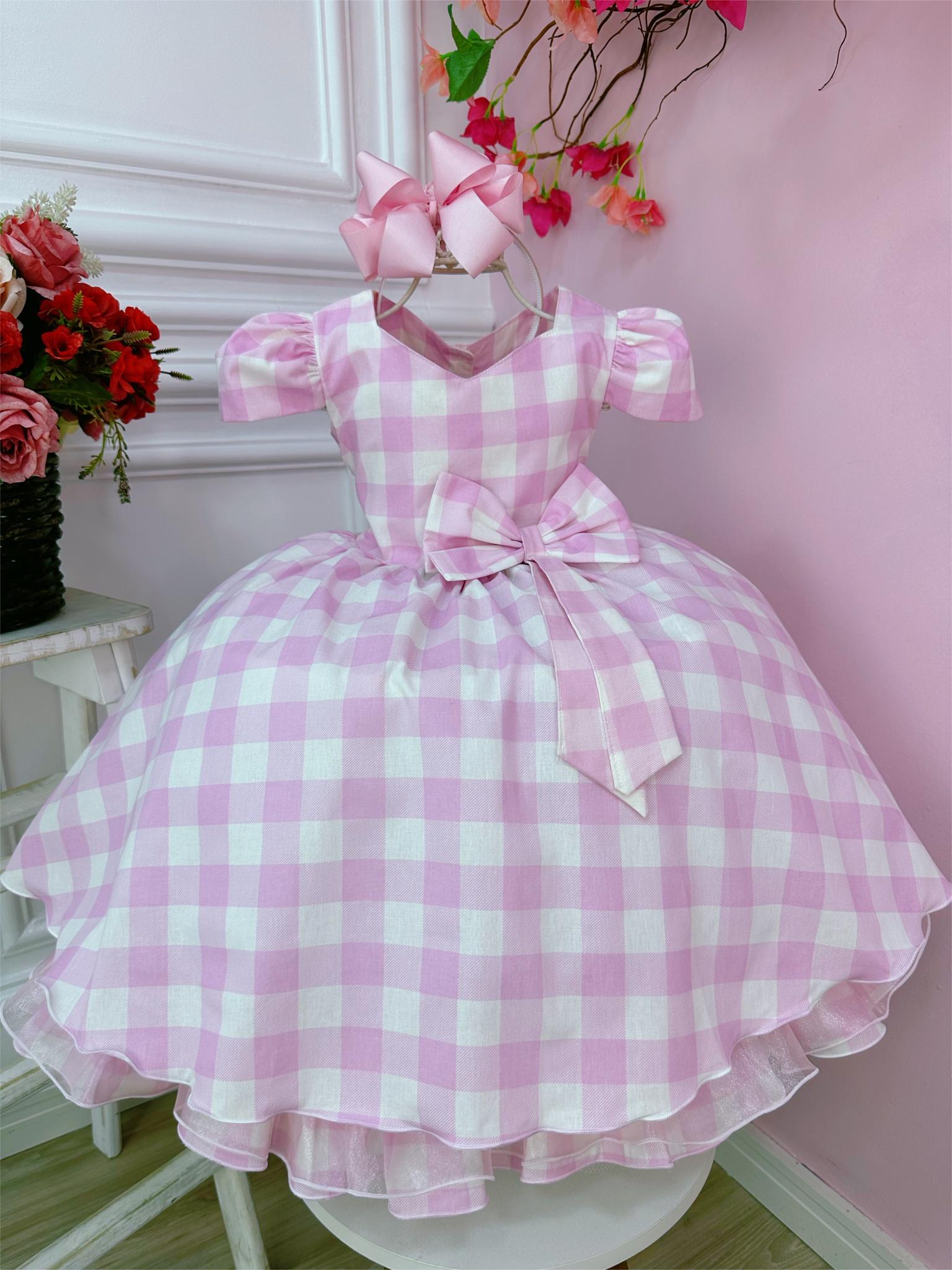 Vestido Infantil Barbie Rosa e Branco Xadrez C/ Aplique Laço