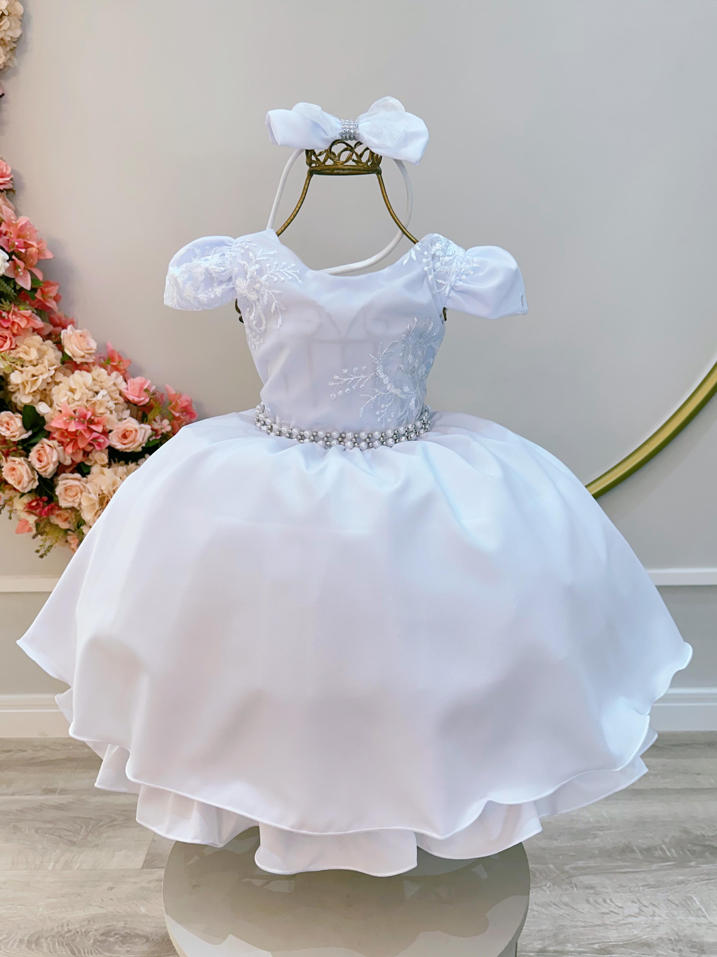 Vestido Infantil Branco Busto C/ Renda e Pérolas Tiara Damas