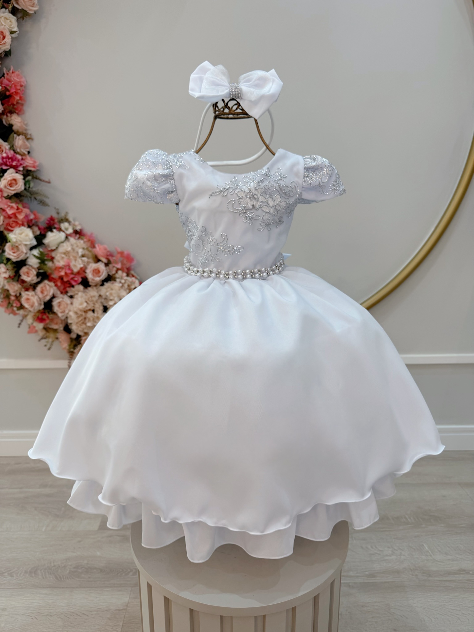 Vestido Infantil Branco Renda Metalizada C/ Tiara Daminhas